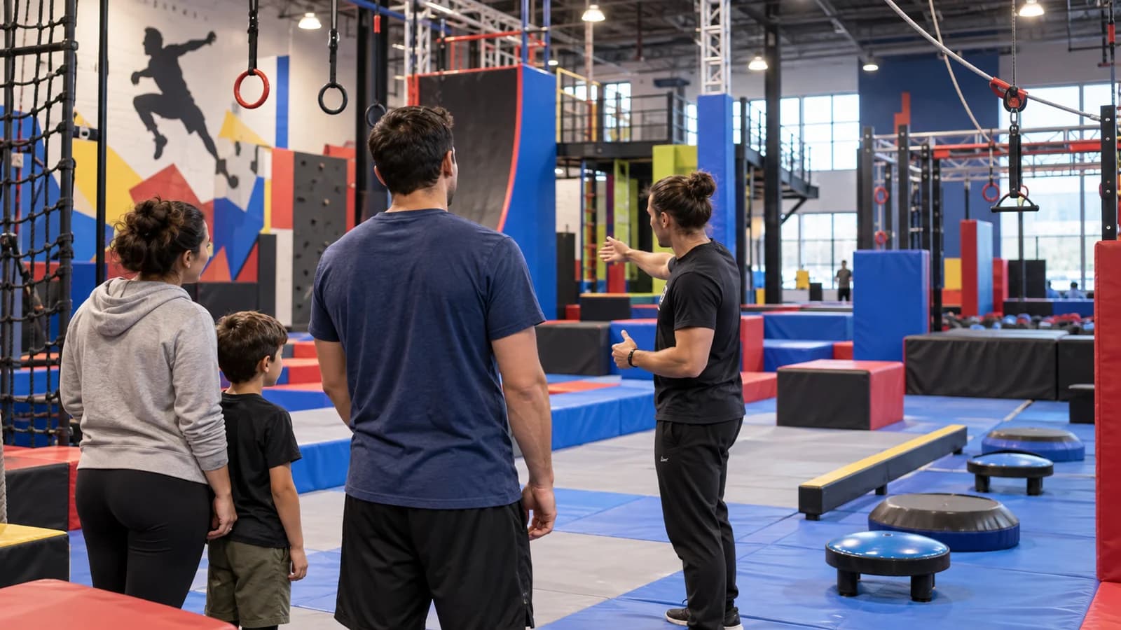Original editorial scene of a coach orienting a family and adult beginner inside a colorful indoor obstacle facility