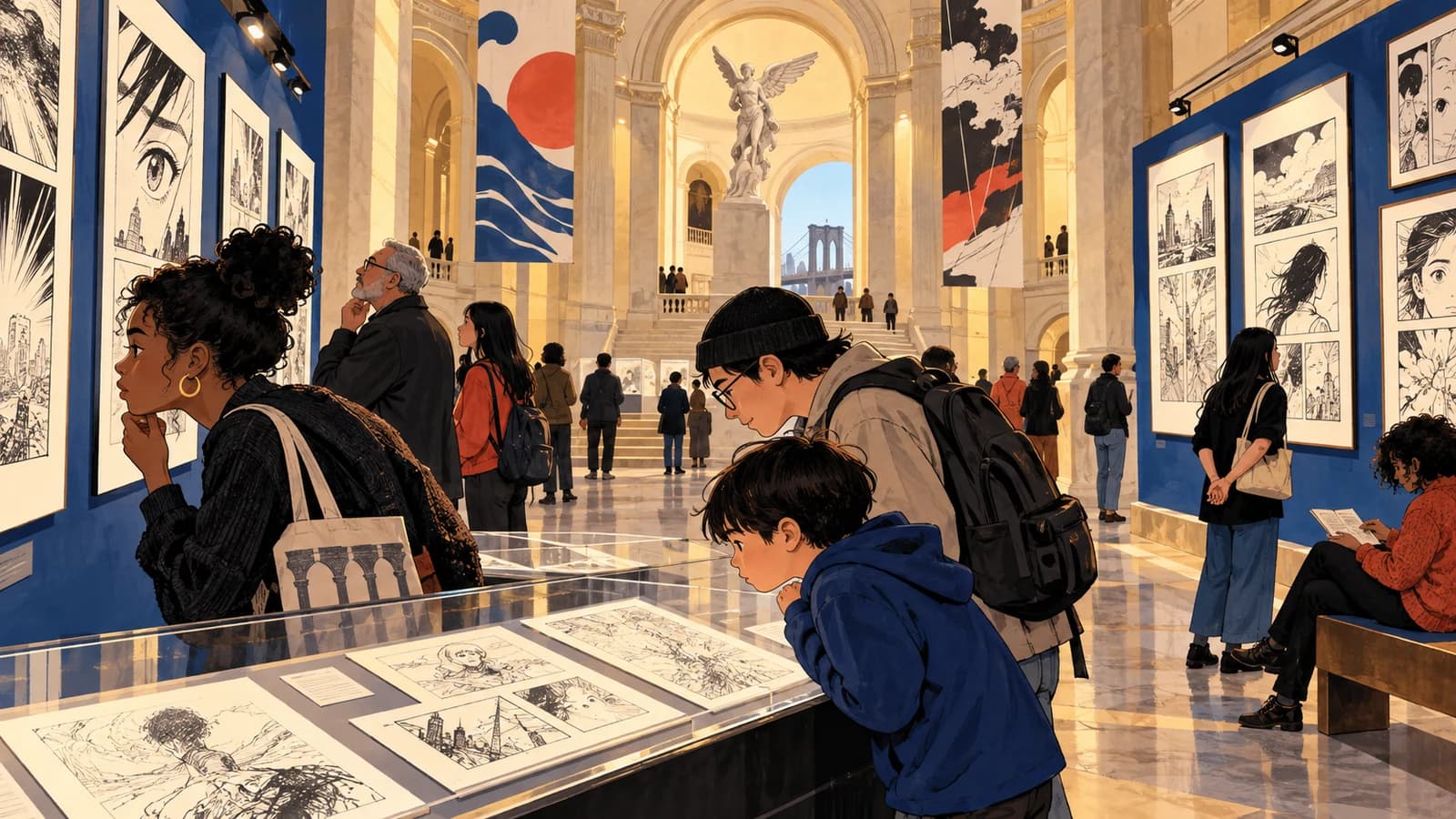Museum visitors studying original black-and-white sequential art in a grand Brooklyn gallery
