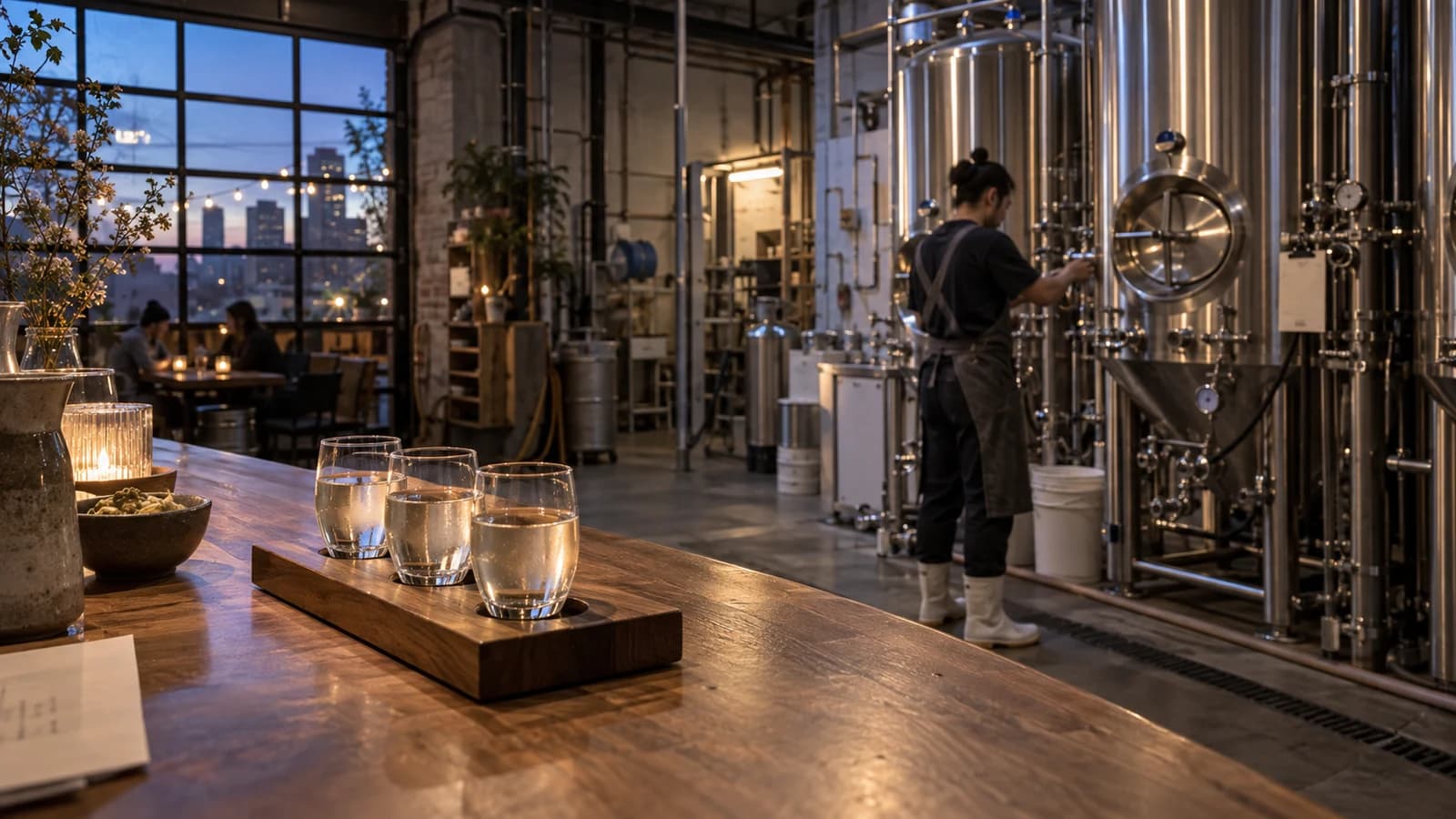 Original editorial image of a sake flight beside stainless brewing tanks in a compact Bushwick taproom