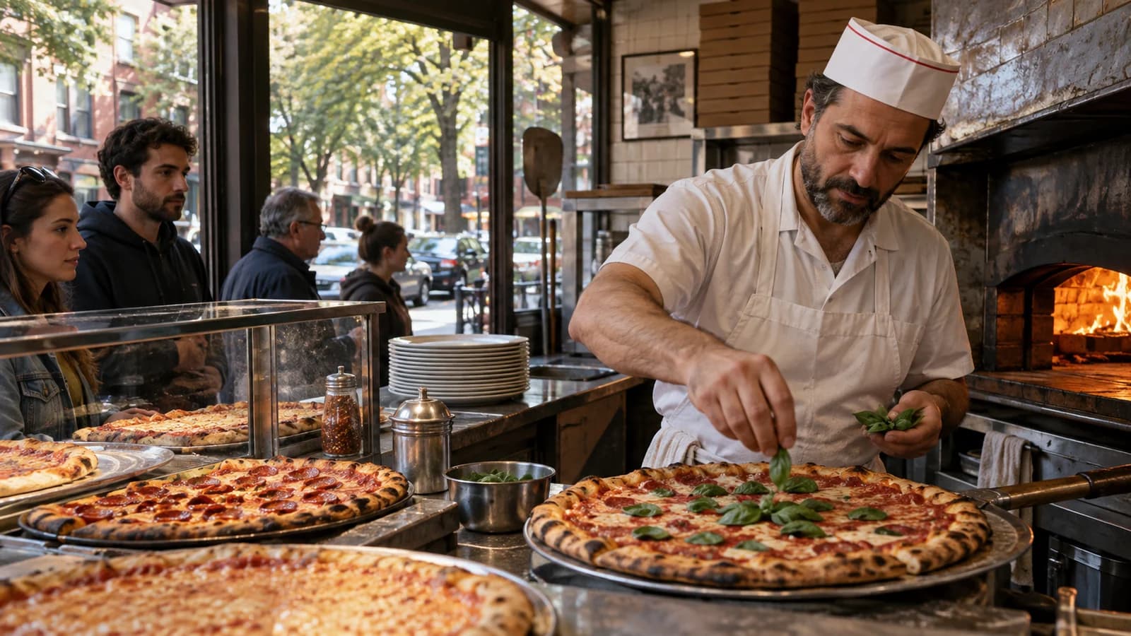 Original editorial image of a pizzaiolo finishing a round pie with basil inside a compact Midwood corner slice shop