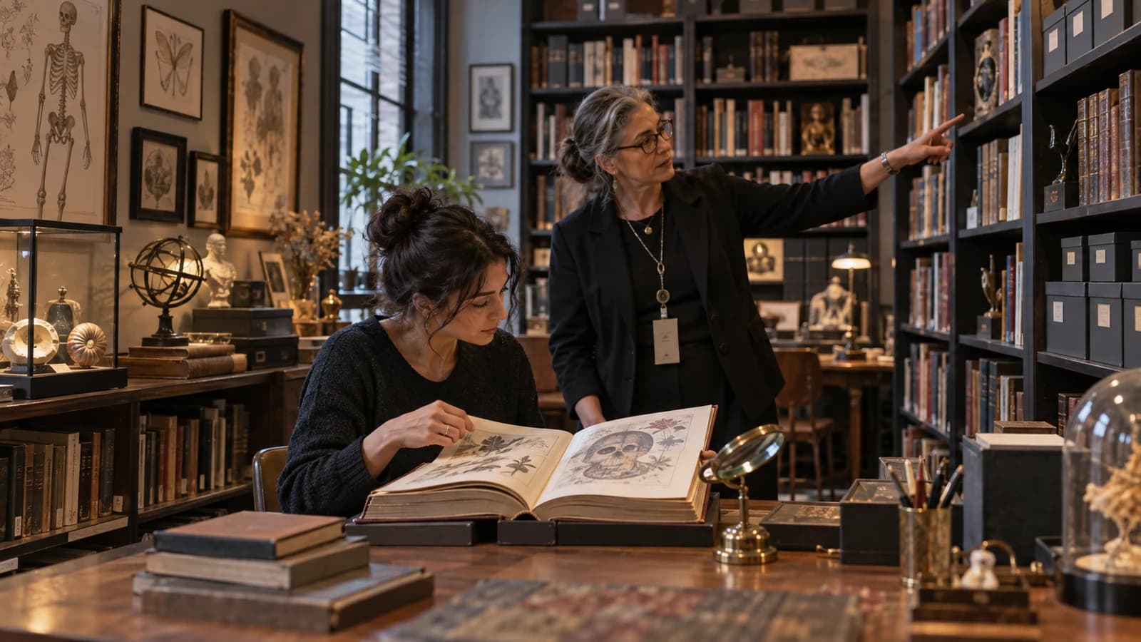 Original editorial scene of a visitor studying an illustrated volume in an unusual Brooklyn research library