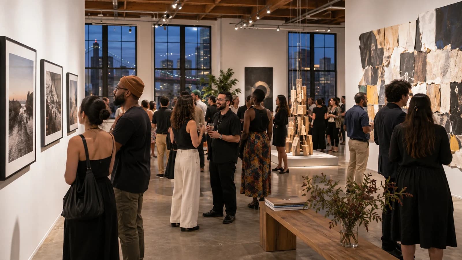 Original editorial scene of visitors viewing photography, collage and installations at an evening Brooklyn gallery reception
