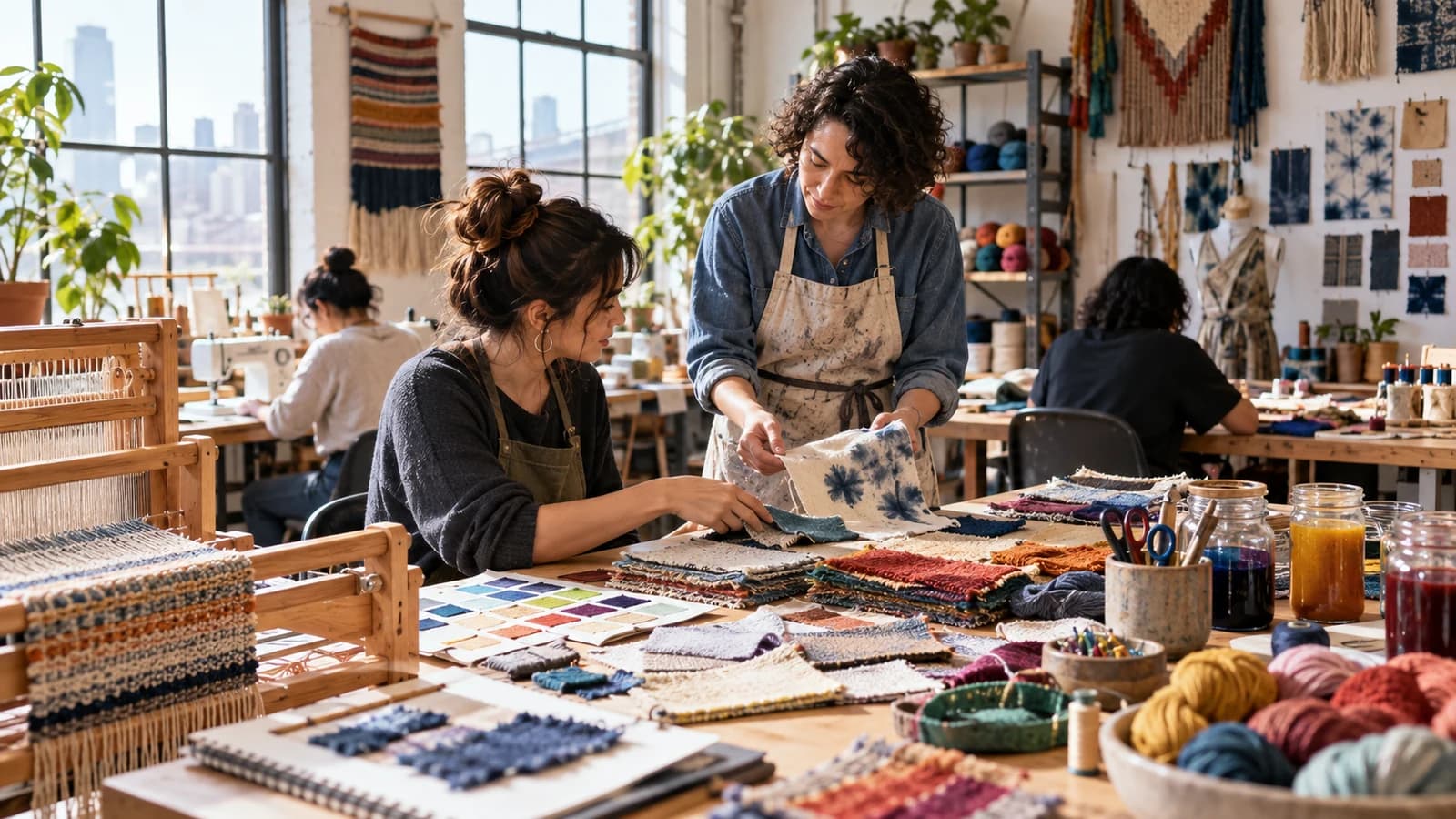 Original editorial scene of an instructor helping a beginner compare fabric samples in a bright textile studio