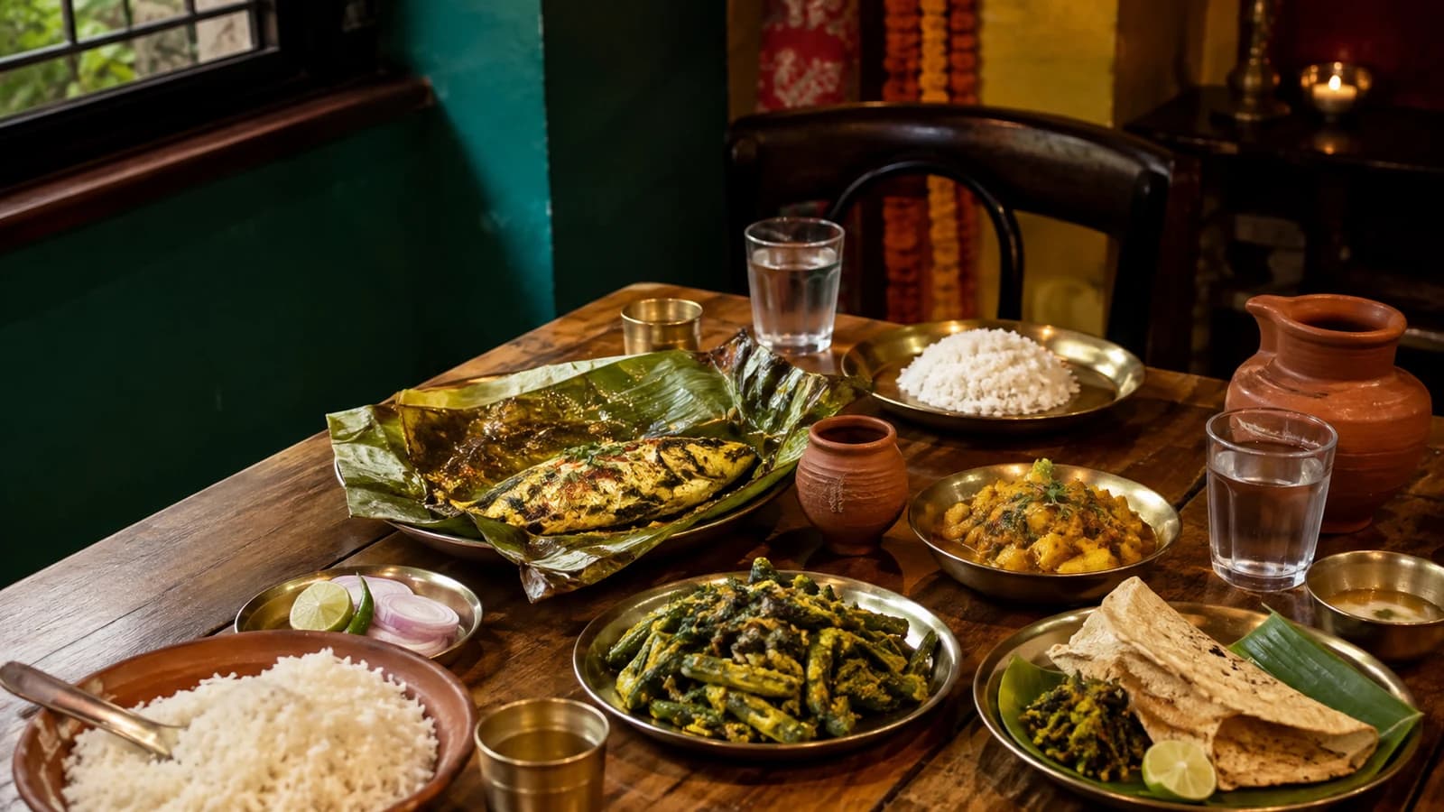 Bengali shared dinner with fish, vegetables, rice, breads, and clay serving dishes in a colorful Brooklyn dining room