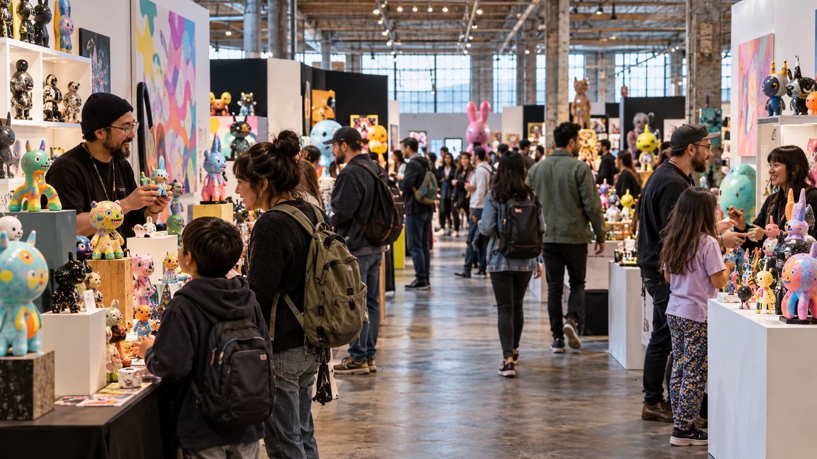 Original editorial scene of families and collectors browsing independent designer toys at an art convention