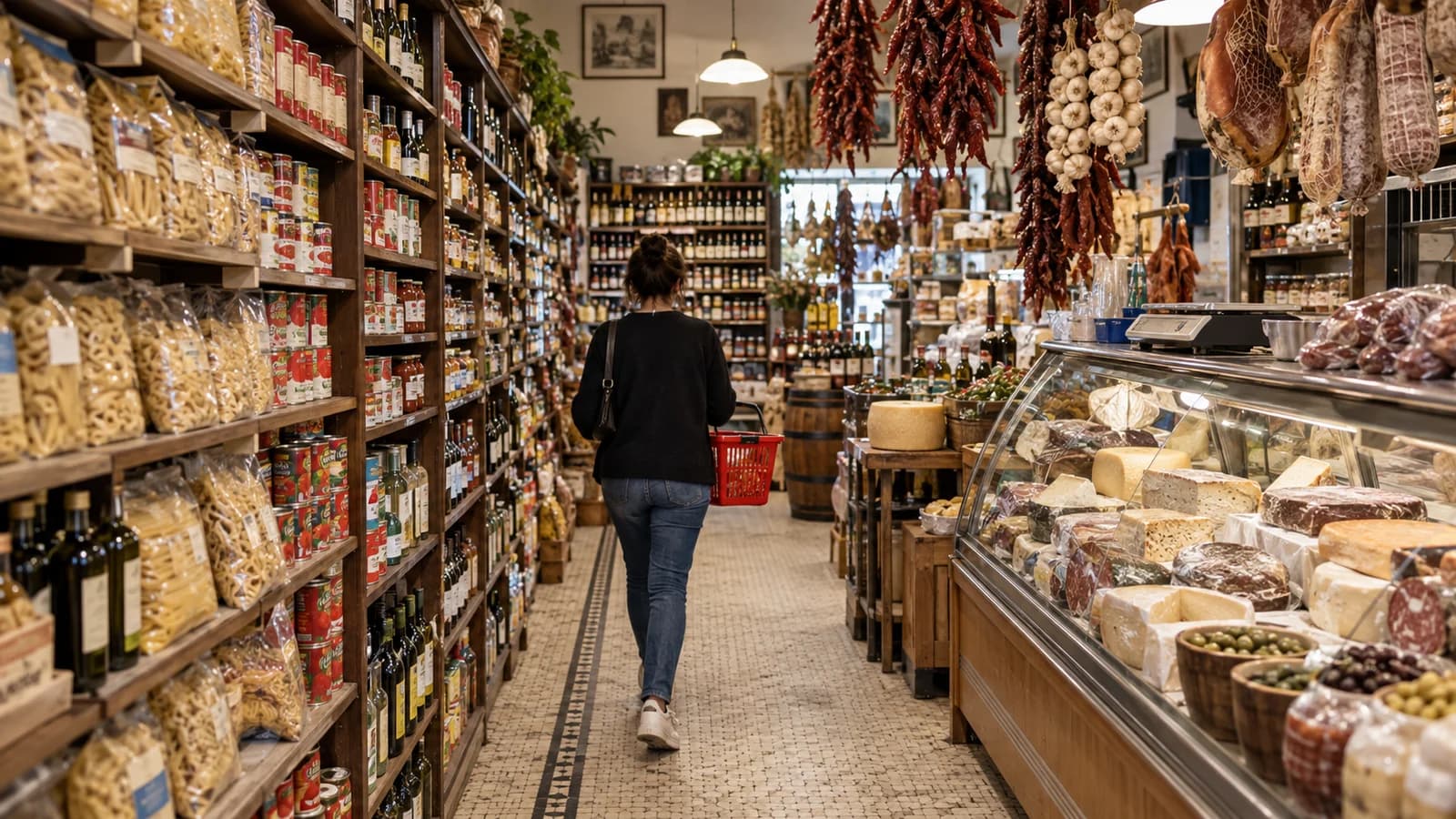 Original editorial image of a shopper browsing pasta, olive oil and cheese in a Brooklyn Italian specialty market