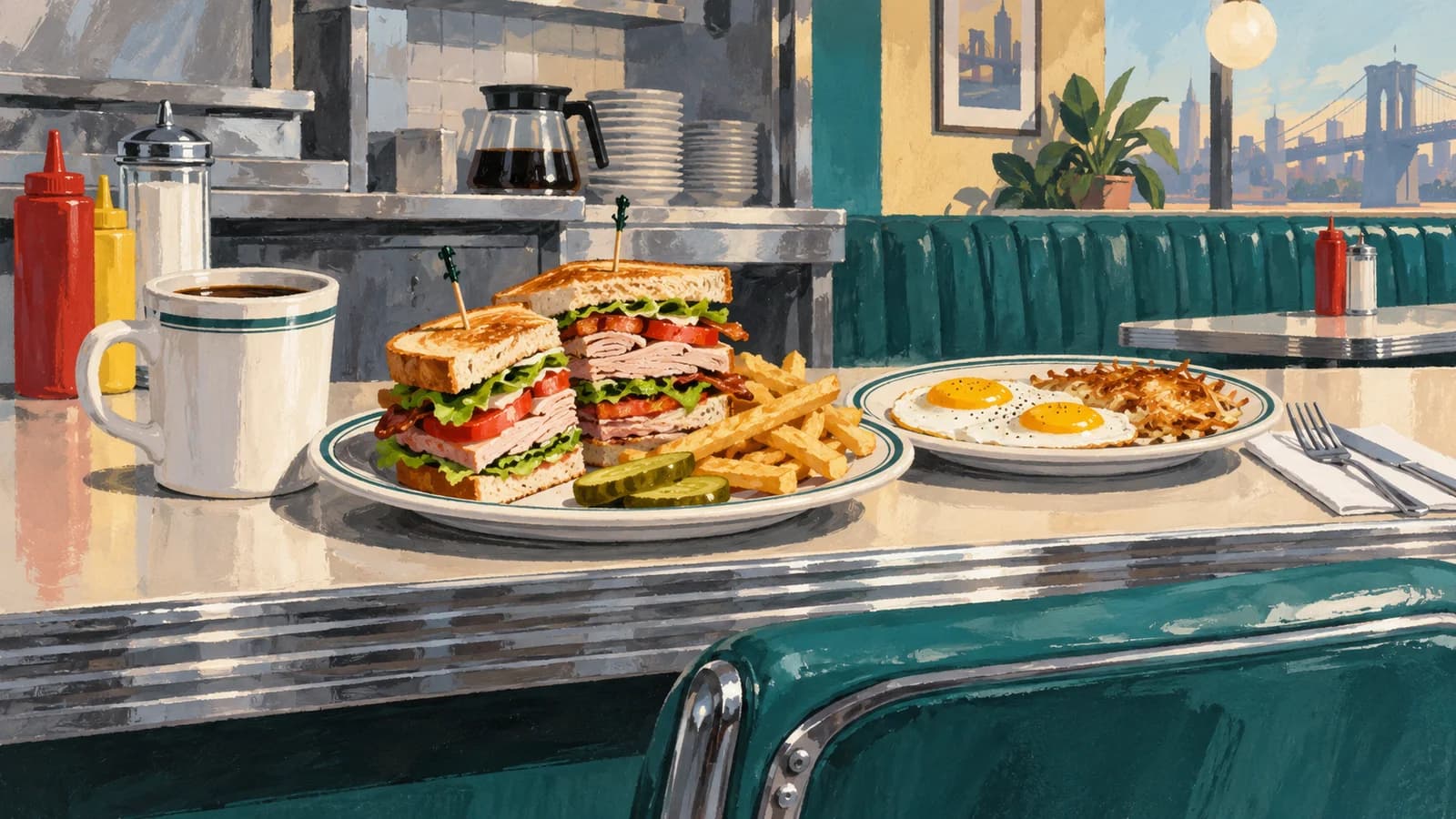 Conceptual editorial illustration for Three Decker Diner; not a photograph or documentary depiction of the venue, service or event.