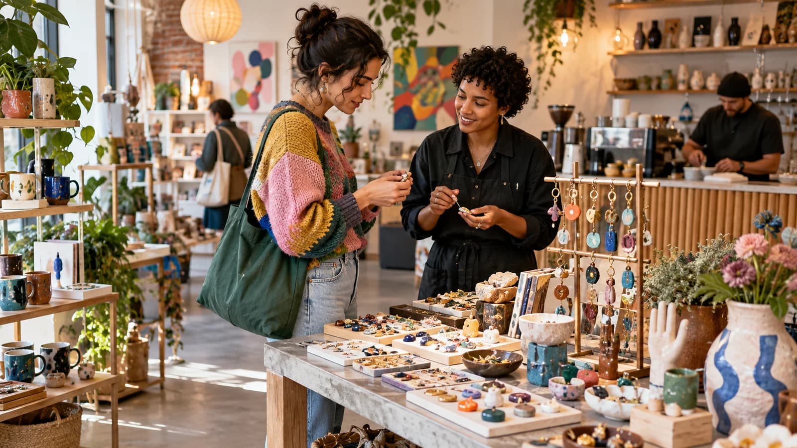 Original editorial scene of a shopper exploring local-maker gifts and charm jewelry in a Williamsburg concept shop