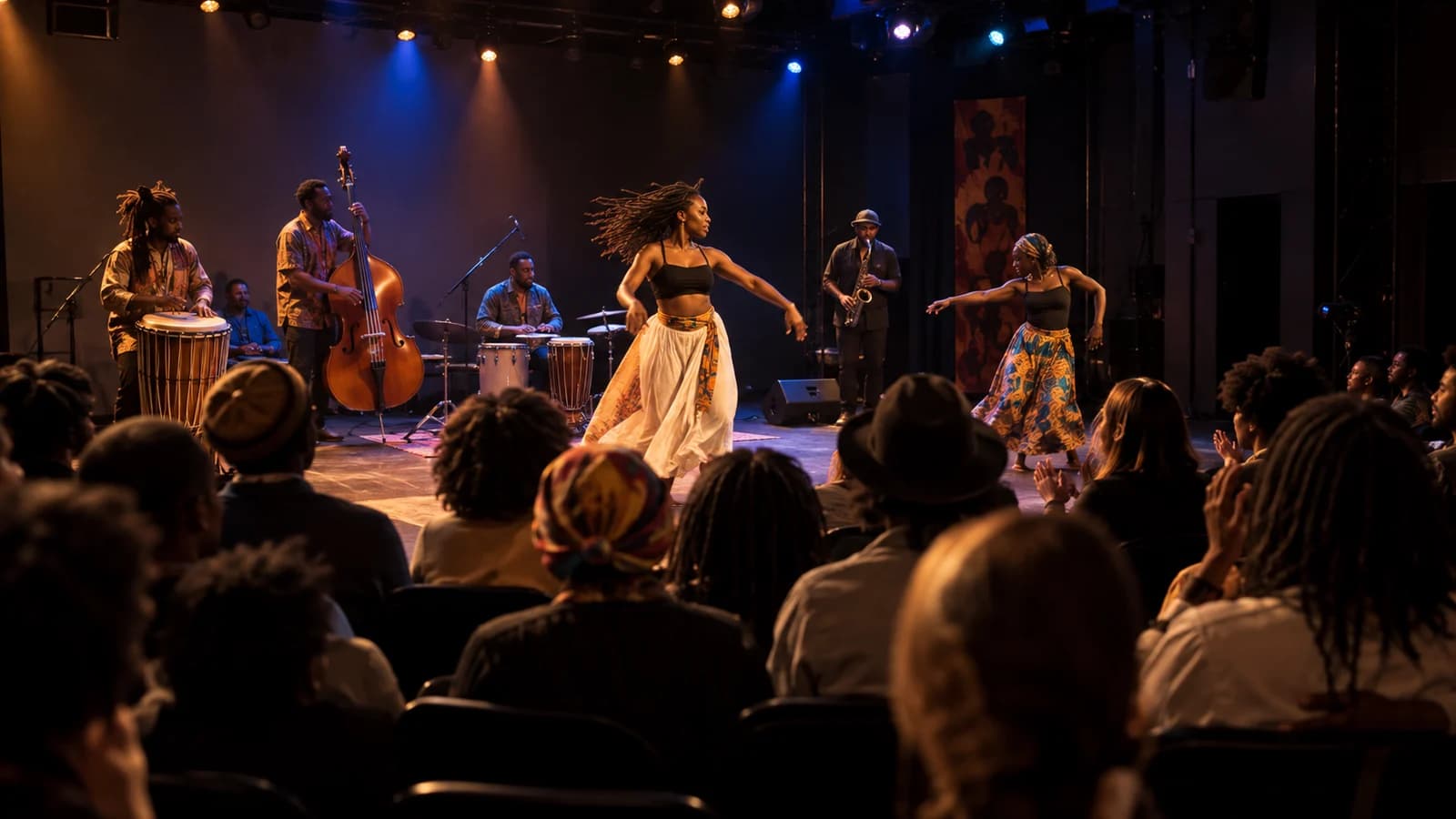 Original editorial image of dancers and musicians performing for an audience in an intimate Downtown Brooklyn black-box theater