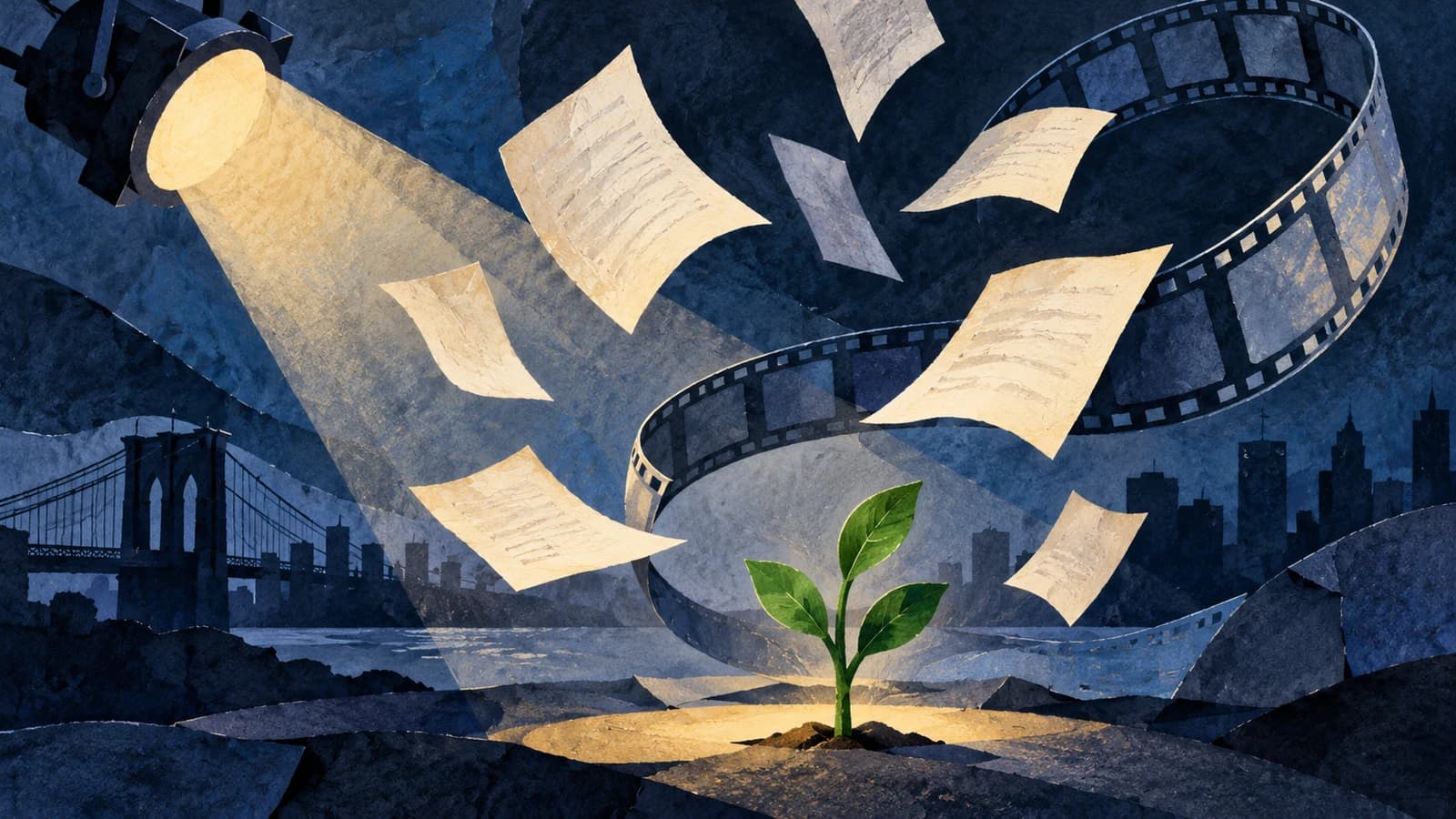 Conceptual illustration of a film ribbon, pages and abstract stage light for Minor Music at BAM; not a depiction of the production.