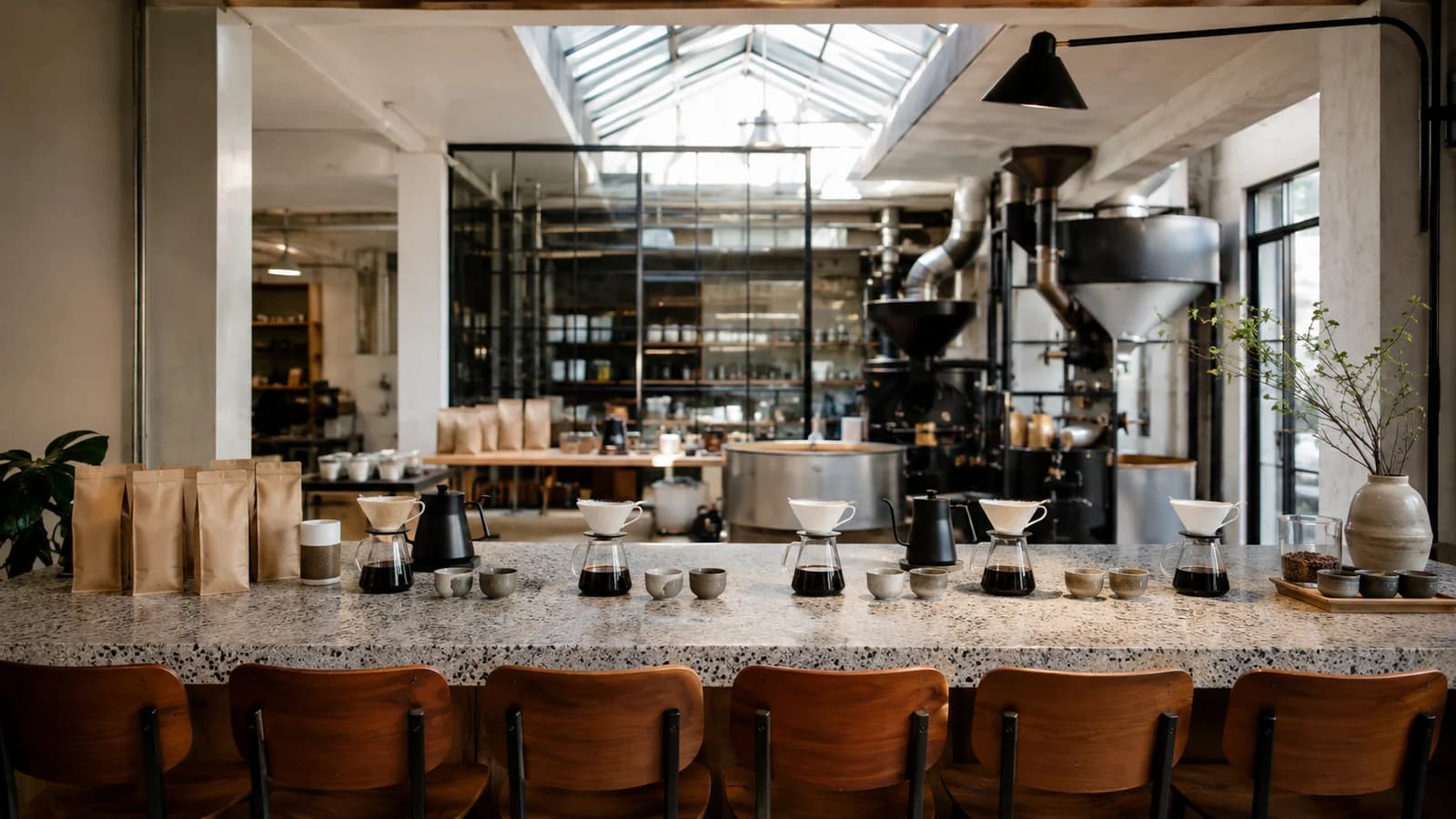 Six-seat pour-over tasting bar with ceramic cups and roasting equipment in a Brooklyn roastery