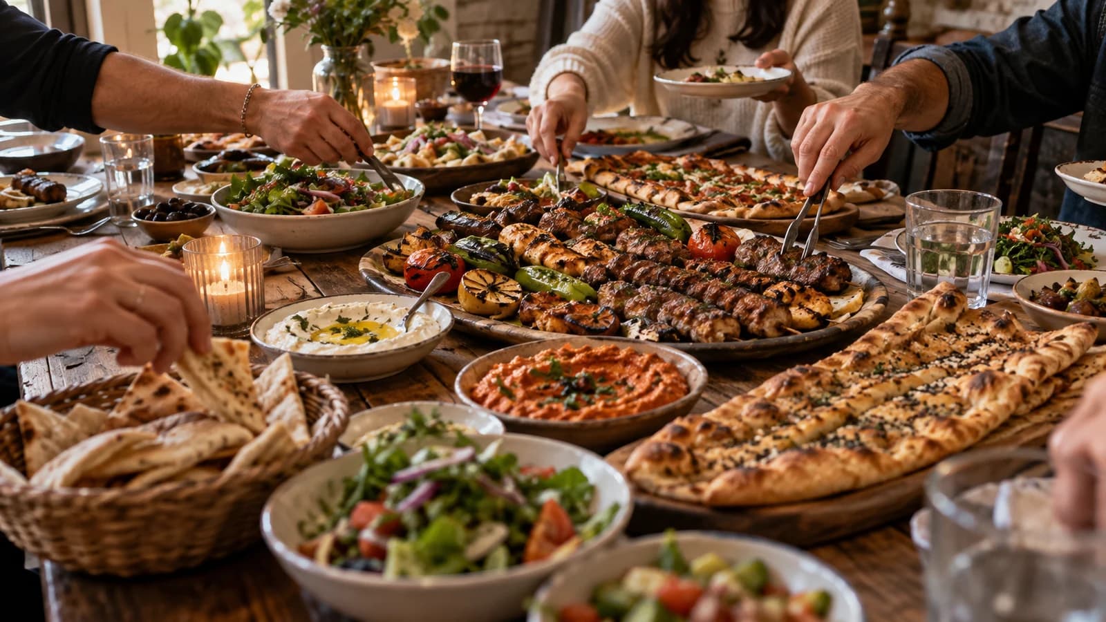 Original editorial scene of a Turkish group meal with grilled dishes, pide, salads, bread and shared spreads