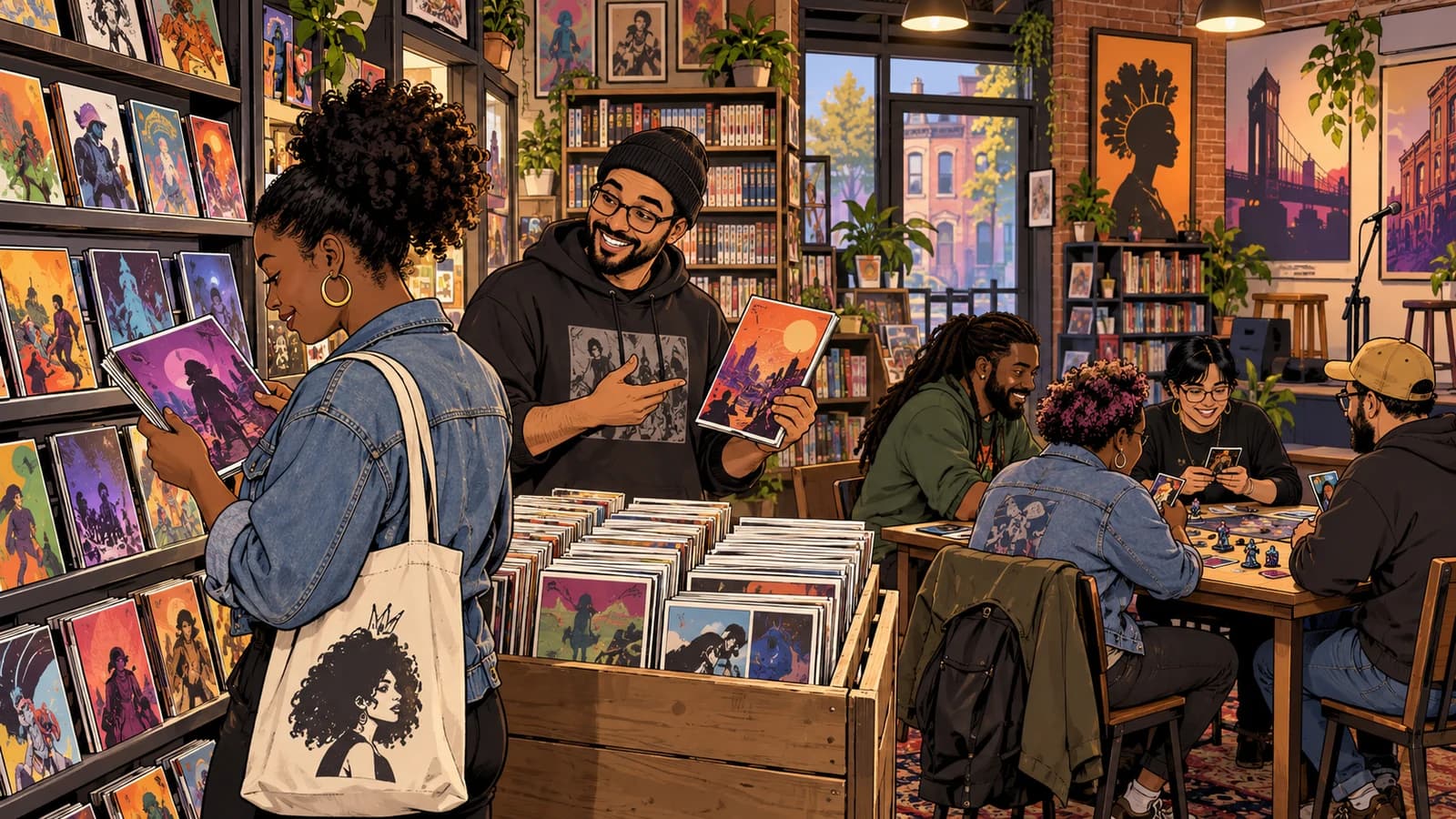 Illustration of a Crown Heights comic shop with browsers, manga shelves, comics racks and a small game table.