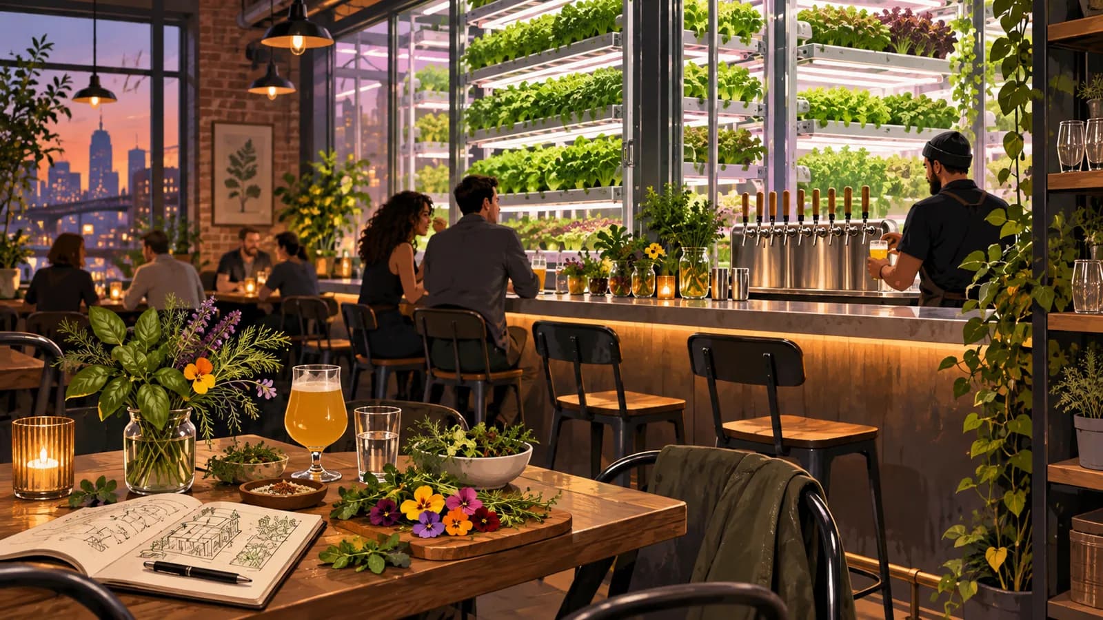 An illustrated Prospect Heights taproom with hydroponic greens glowing behind a bar and herbs on a table.