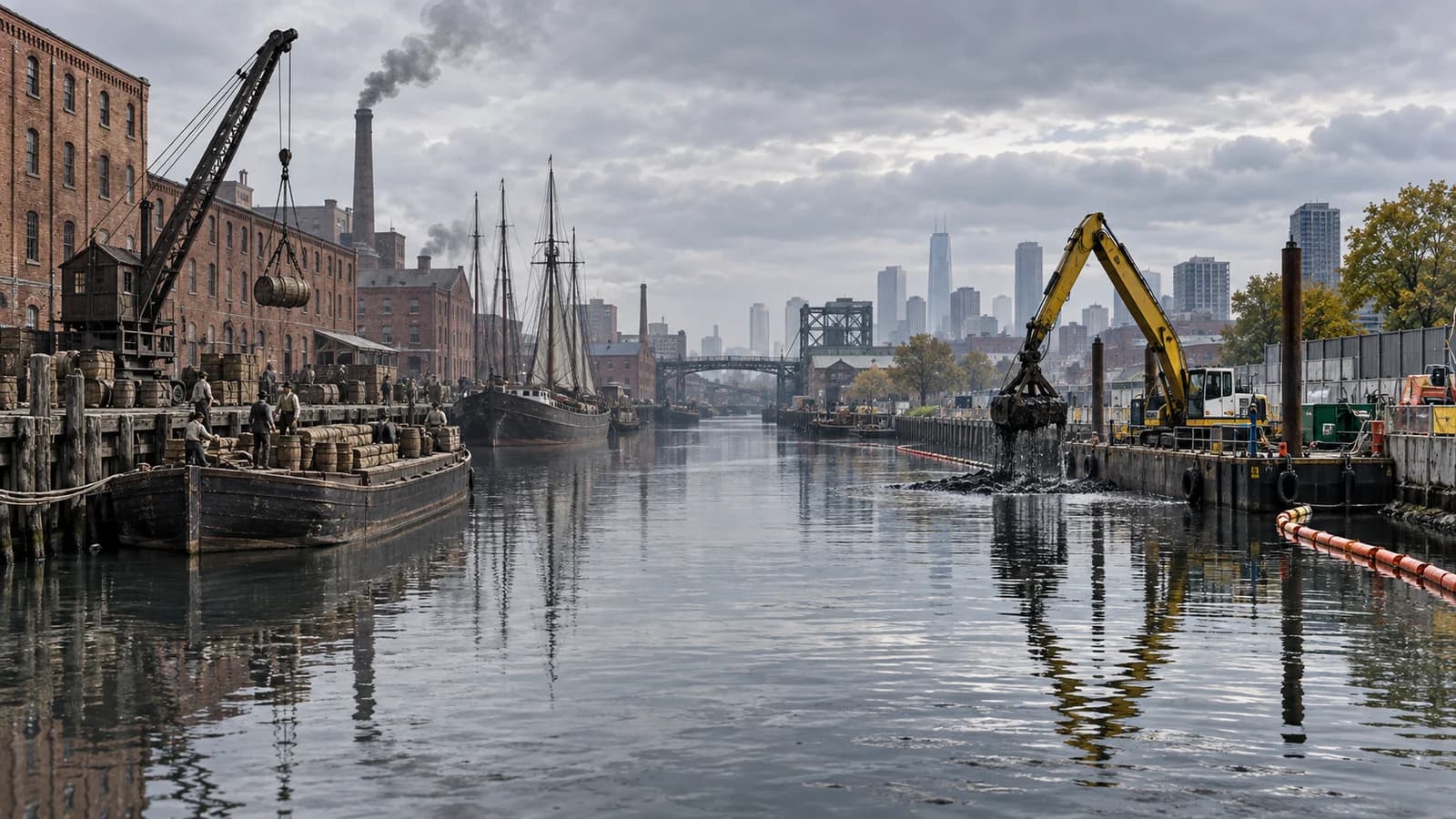 A layered panorama of the Gowanus Canal with historic barges and brick industry meeting present-day cleanup equipment