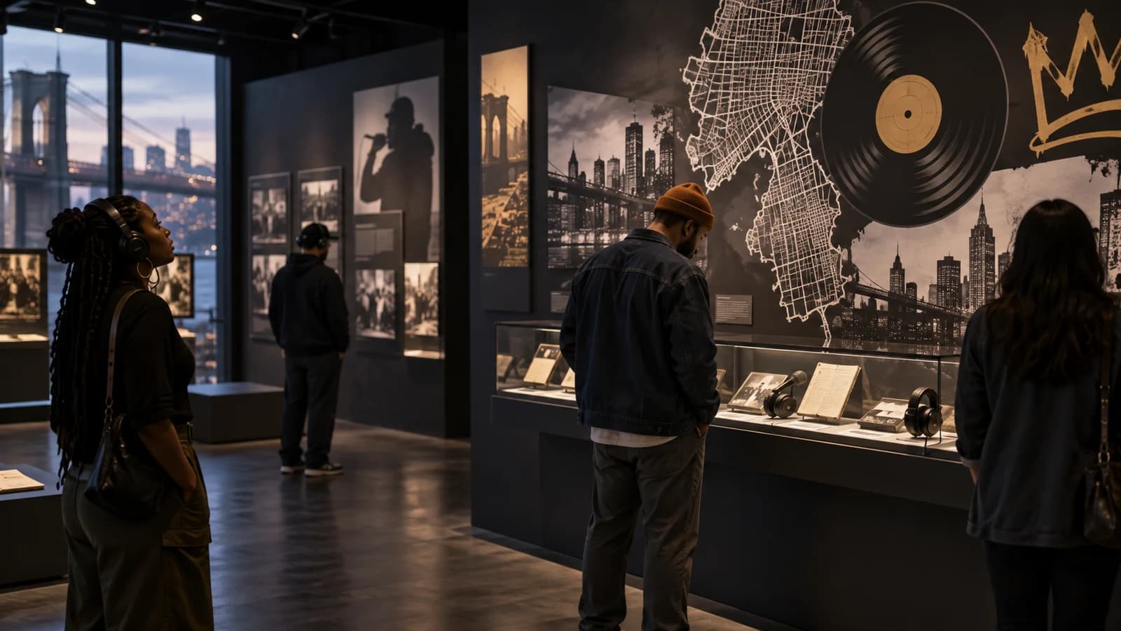 Original editorial scene of visitors exploring a non-documentary Brooklyn hip-hop history exhibit