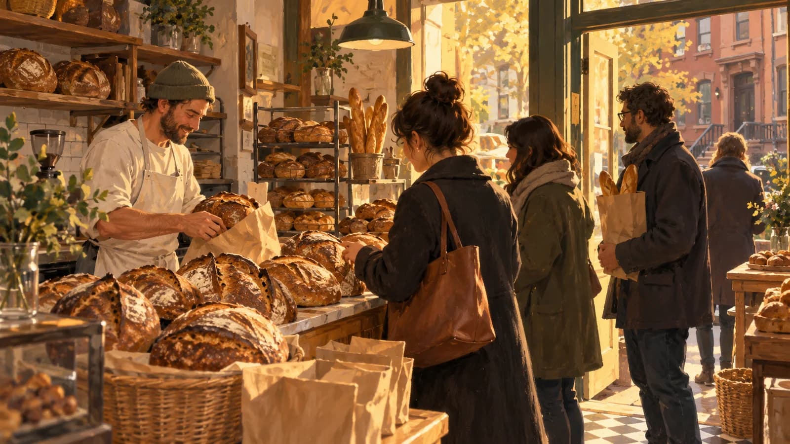 Editorial illustration of customers choosing sourdough loaves at a small Carroll Gardens bakery during late-afternoon pickup.