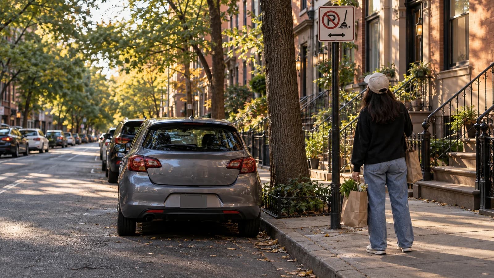 Compact car on a leafy Brooklyn block as a resident checks a street-cleaning sign while carrying groceries