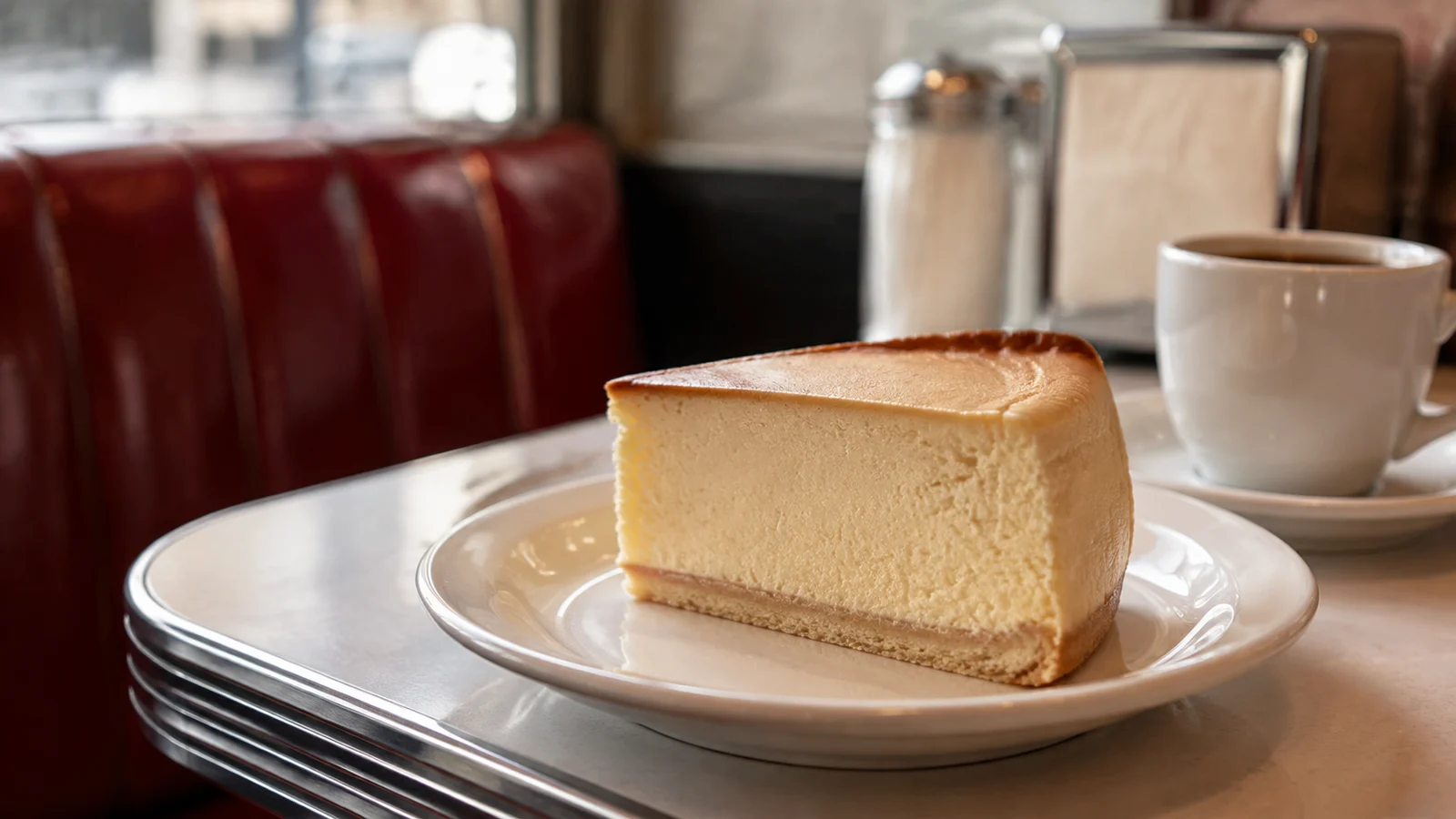 Plain New York cheesecake slice and coffee on a chrome-edged table beside a red diner booth