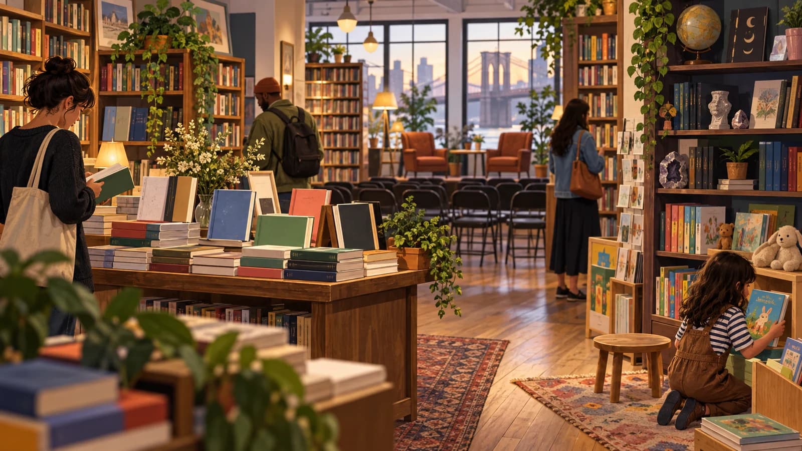 Independent Brooklyn bookstore scene with general, children's and event areas