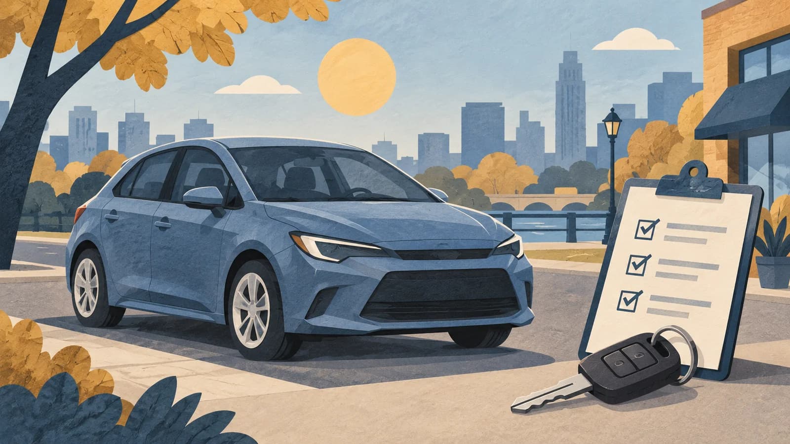 Conceptual editorial illustration of car dealership planning in Brooklyn; not a documentary depiction of Bay Ridge Honda.