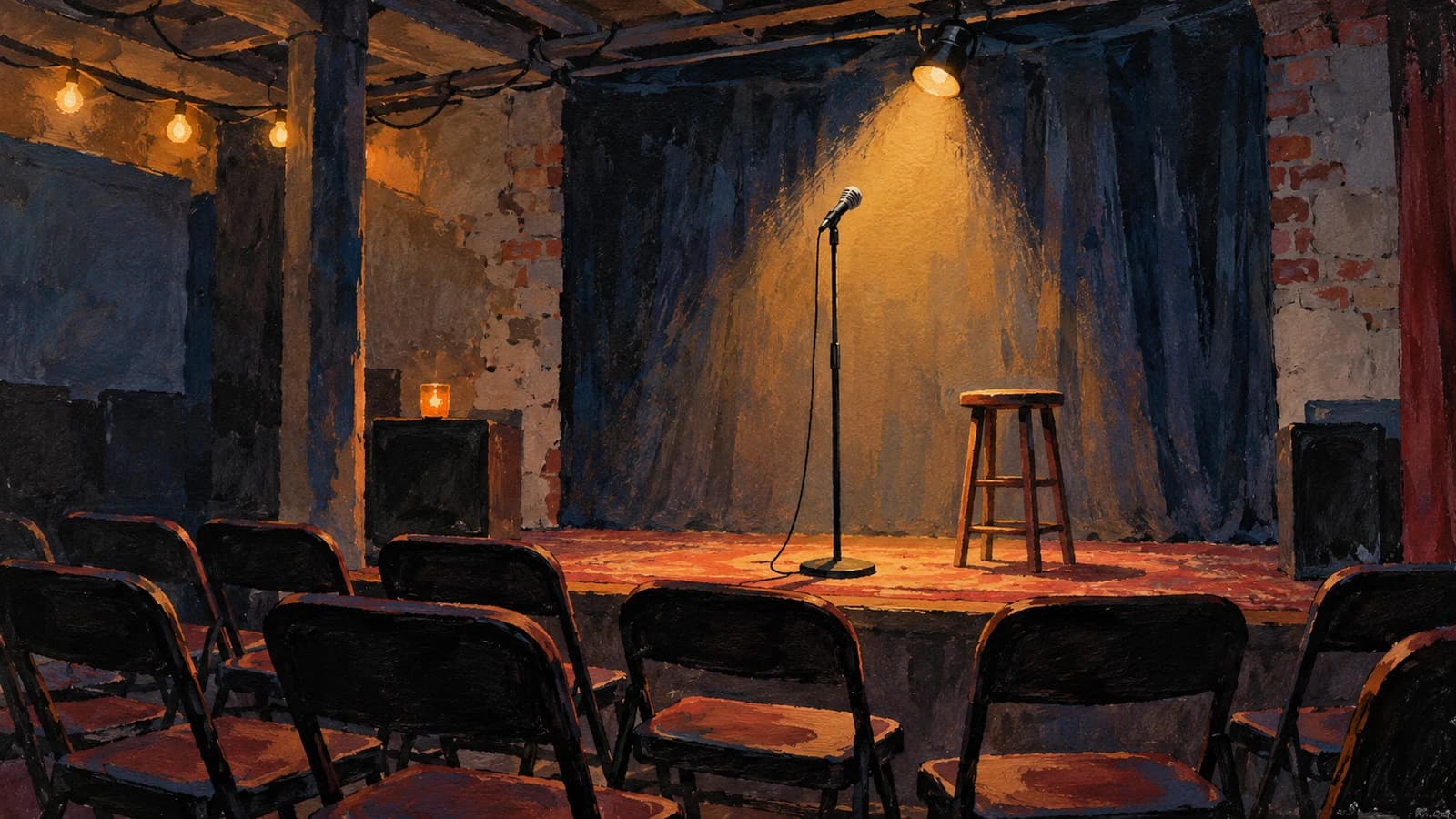 Conceptual editorial illustration for Union Hall; original artwork, not a photograph of the venue.