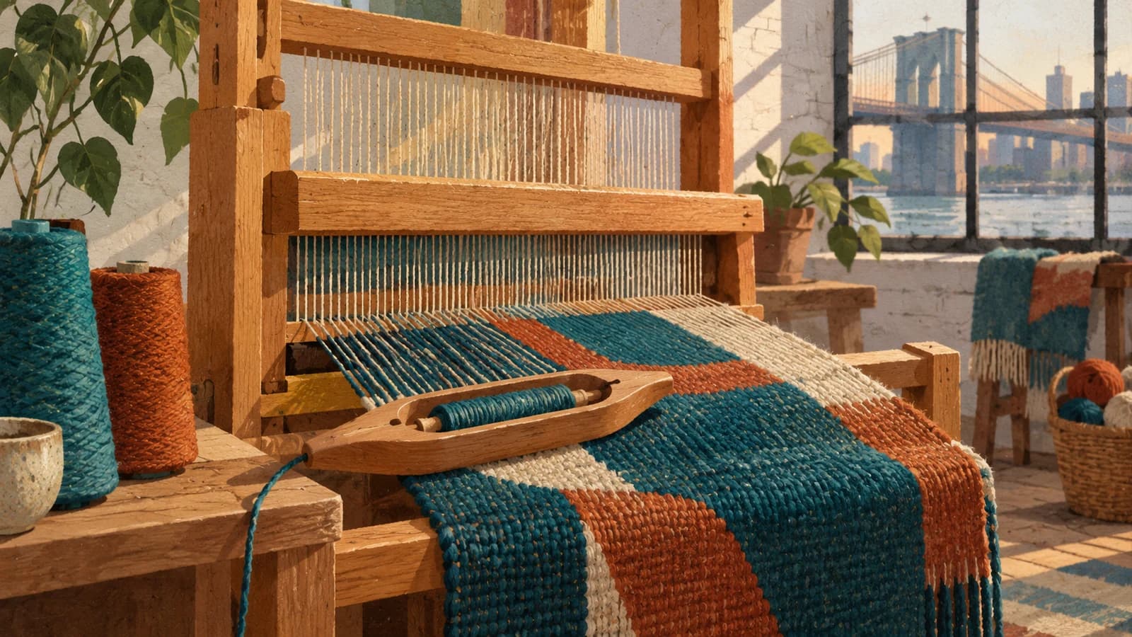 Conceptual editorial illustration for Loop of the Loom DUMBO; not a documentary depiction of the establishment.
