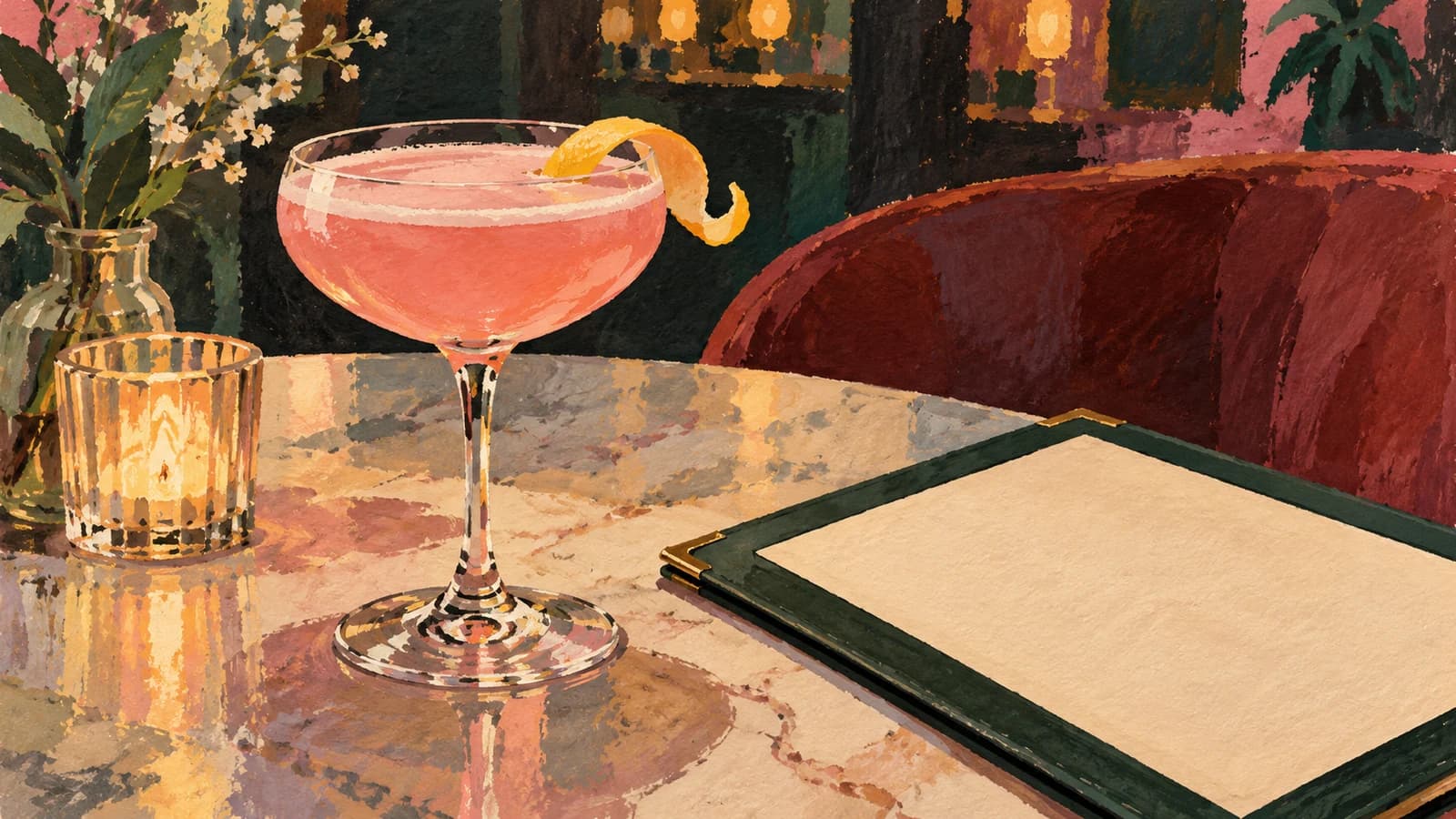 Conceptual editorial illustration for Clover Club; original artwork, not a photograph of the venue.