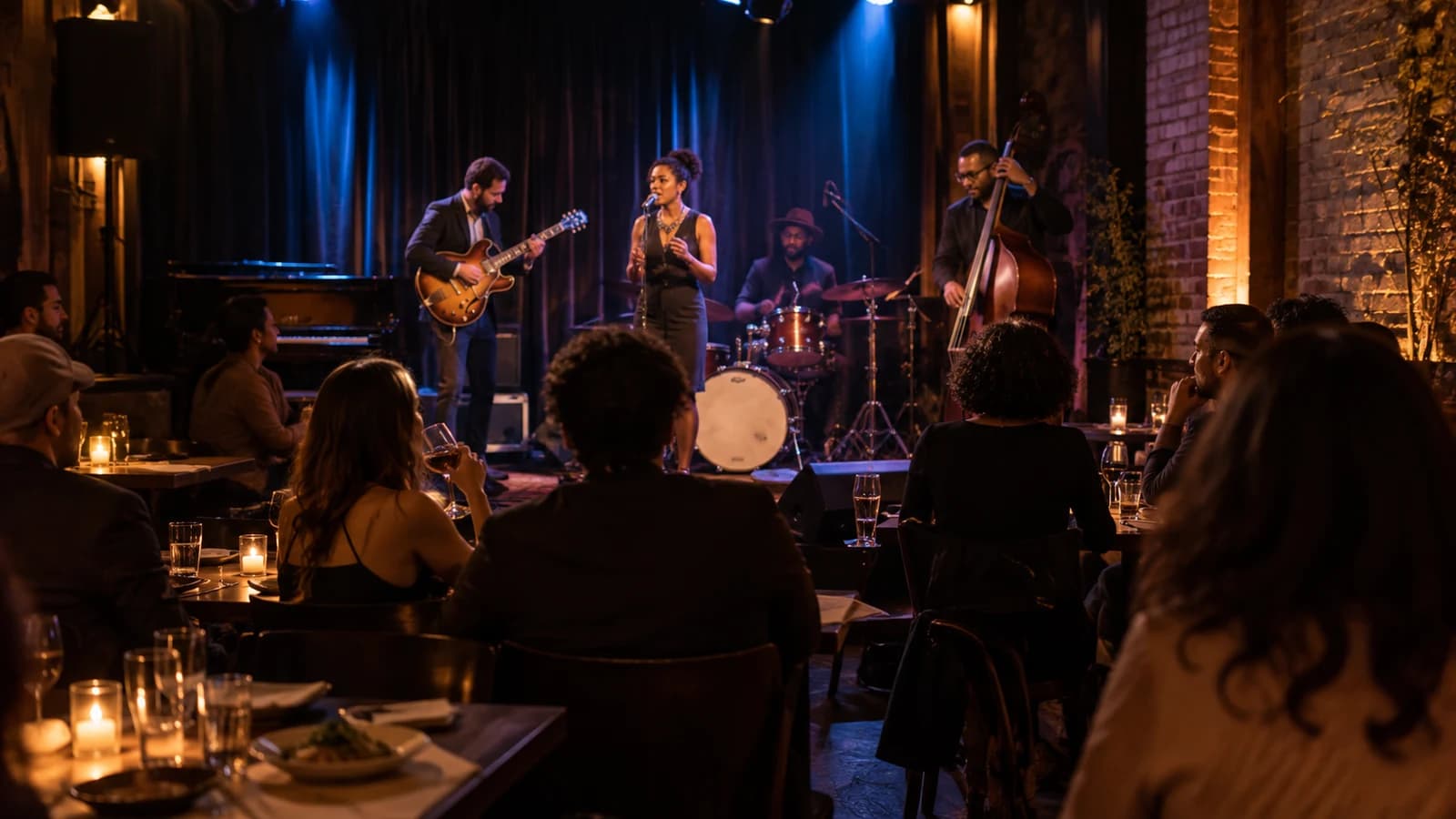 Original editorial scene of a small band performing for seated diners in an intimate Brooklyn music venue
