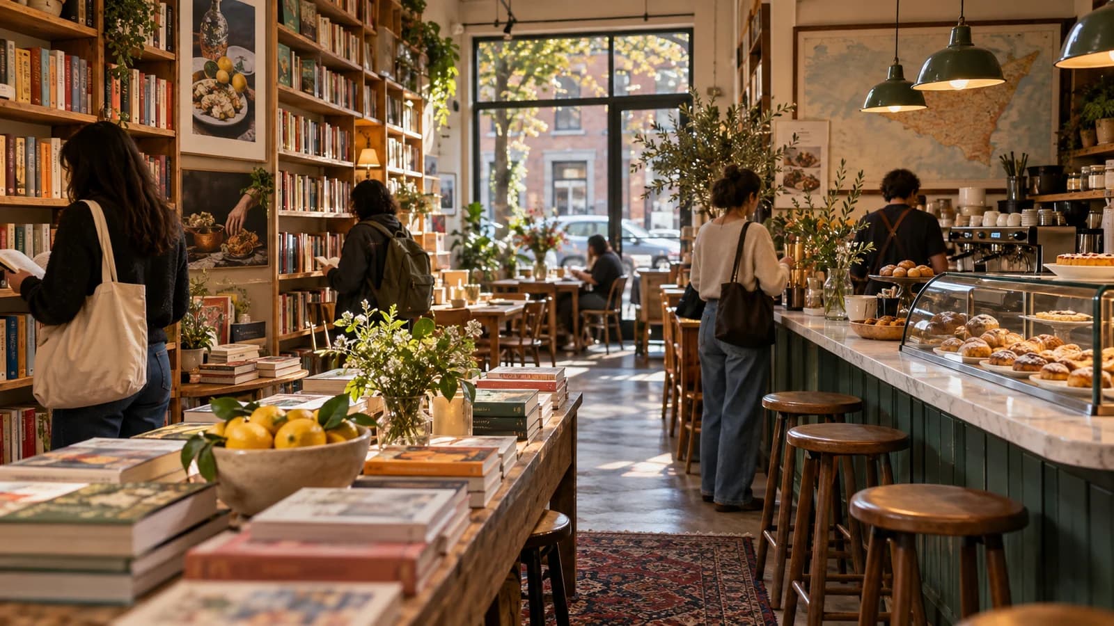 Original editorial illustration of shoppers browsing food books beside a warm Sicilian cafe counter