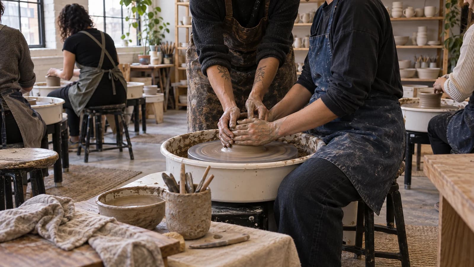 Original editorial image of an instructor helping an adult beginner center clay during a small pottery wheel class