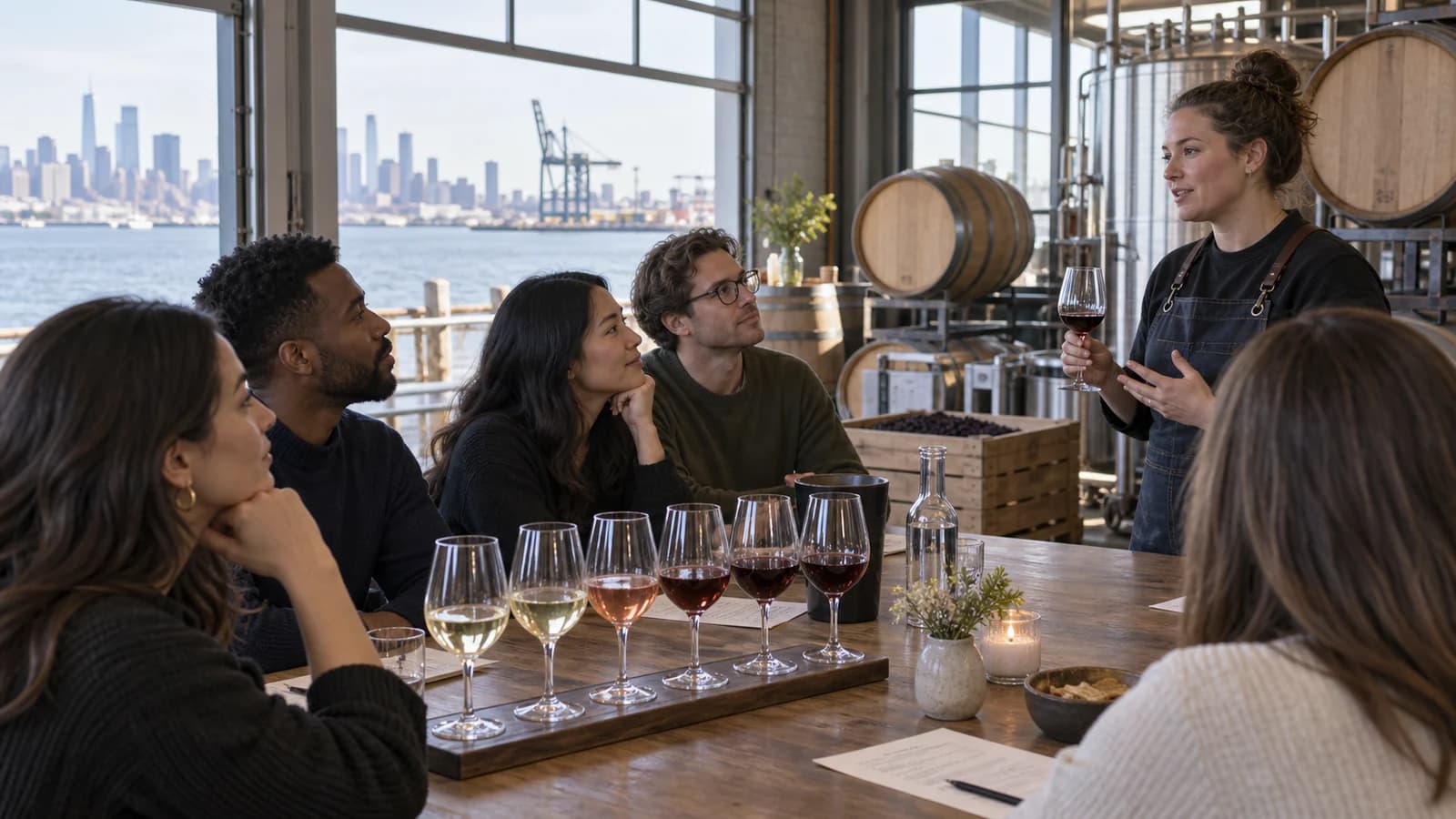 Original editorial image of adults attending a guided wine tasting inside a waterfront Red Hook winery