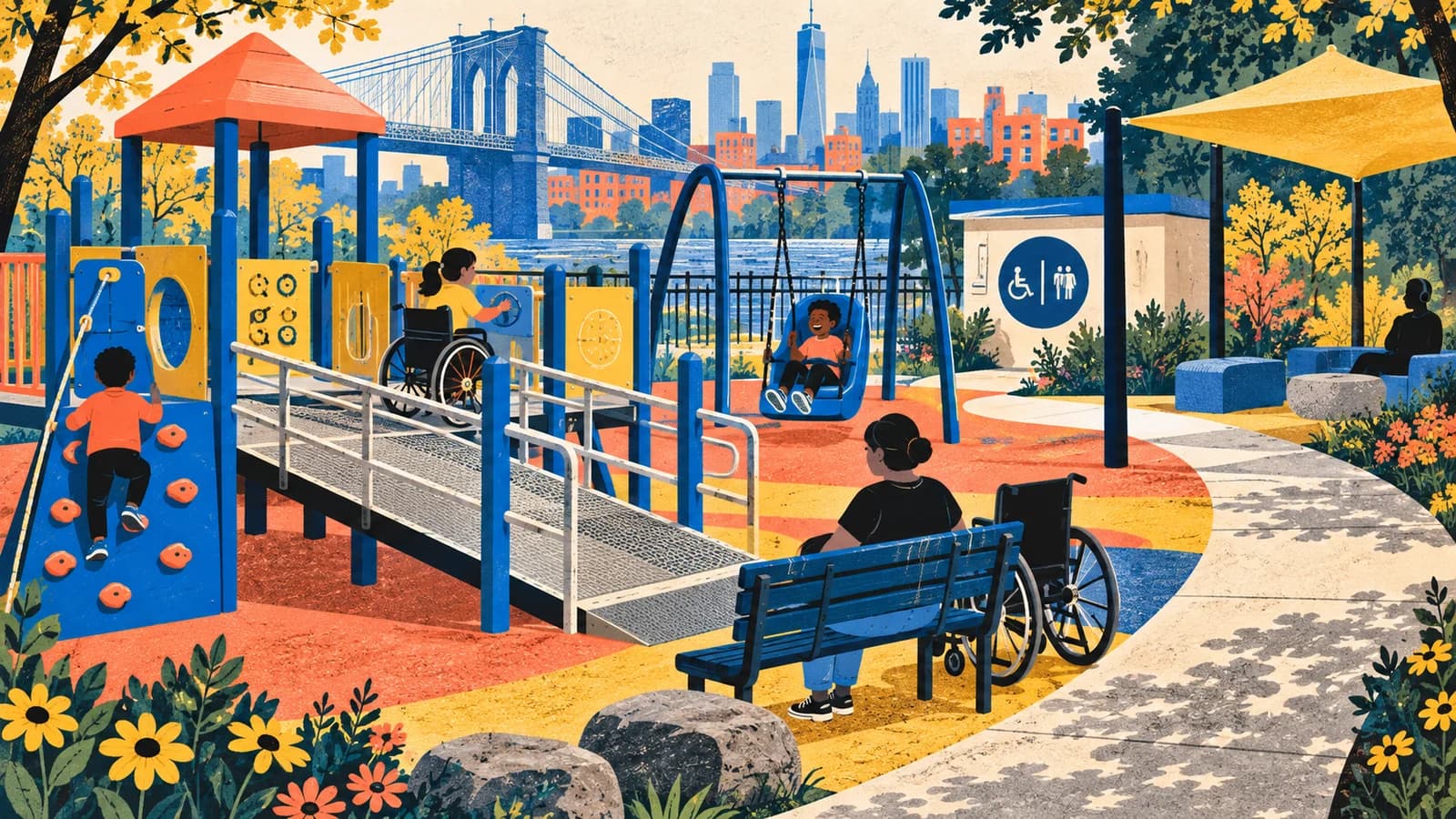 Editorial illustration of an inclusive Brooklyn playground with ramped equipment, accessible swing, seating and restroom
