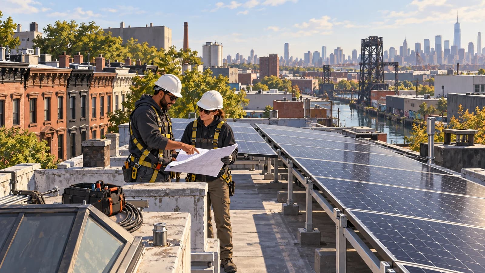 Original editorial illustration of solar installers reviewing rooftop plans beside elevated panels on Brooklyn rowhouse roofs.
