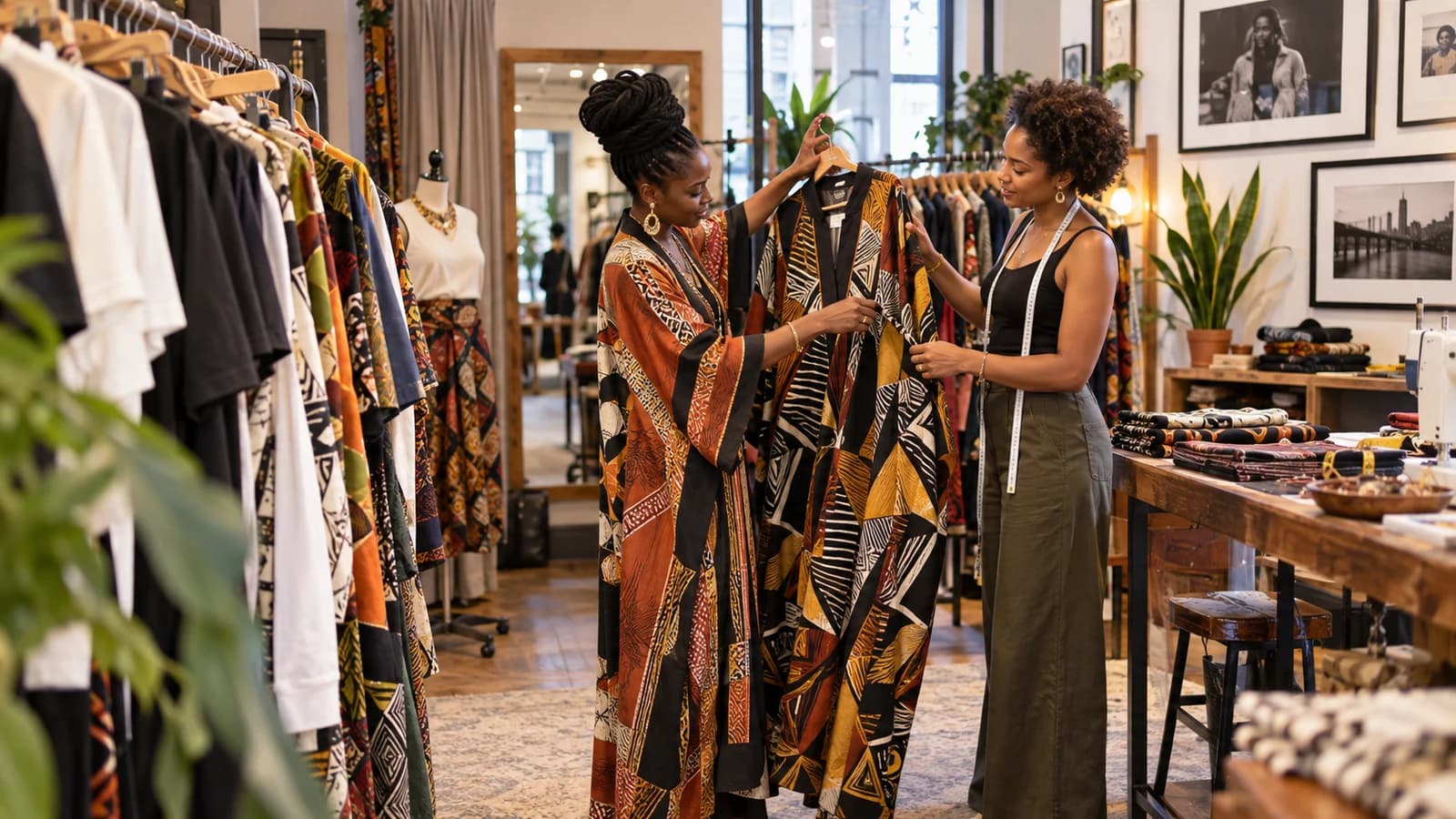 Original editorial image of a shopper and stylist comparing flowing African-inspired contemporary garments in a Brooklyn boutique