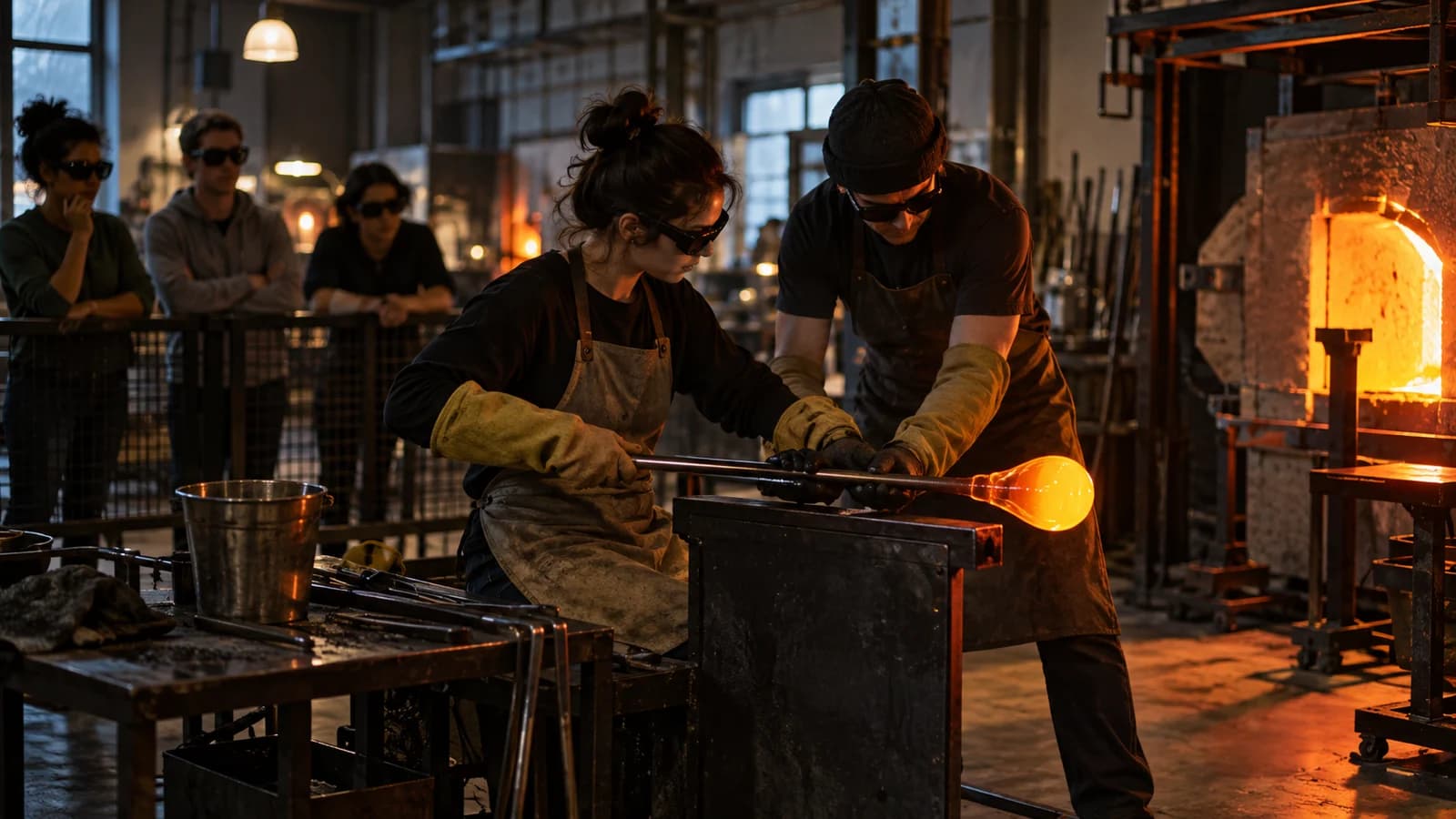 Original editorial illustration of a beginner and instructor safely shaping glowing glass in a Brooklyn studio
