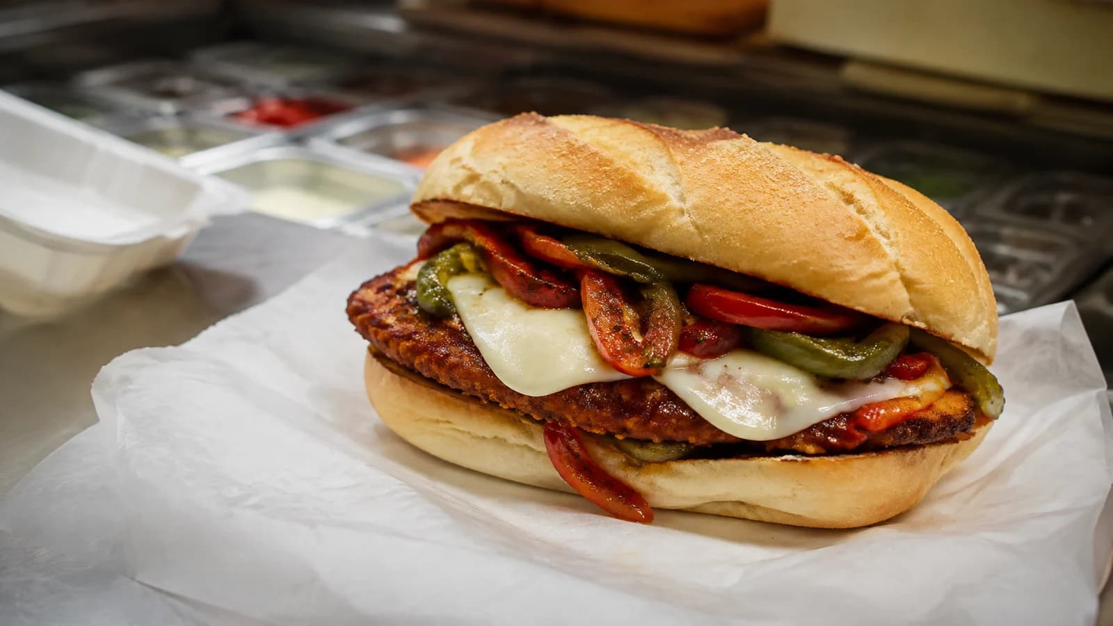 Italian-American chicken cutlet hero with mozzarella and peppers at a Brooklyn sandwich counter