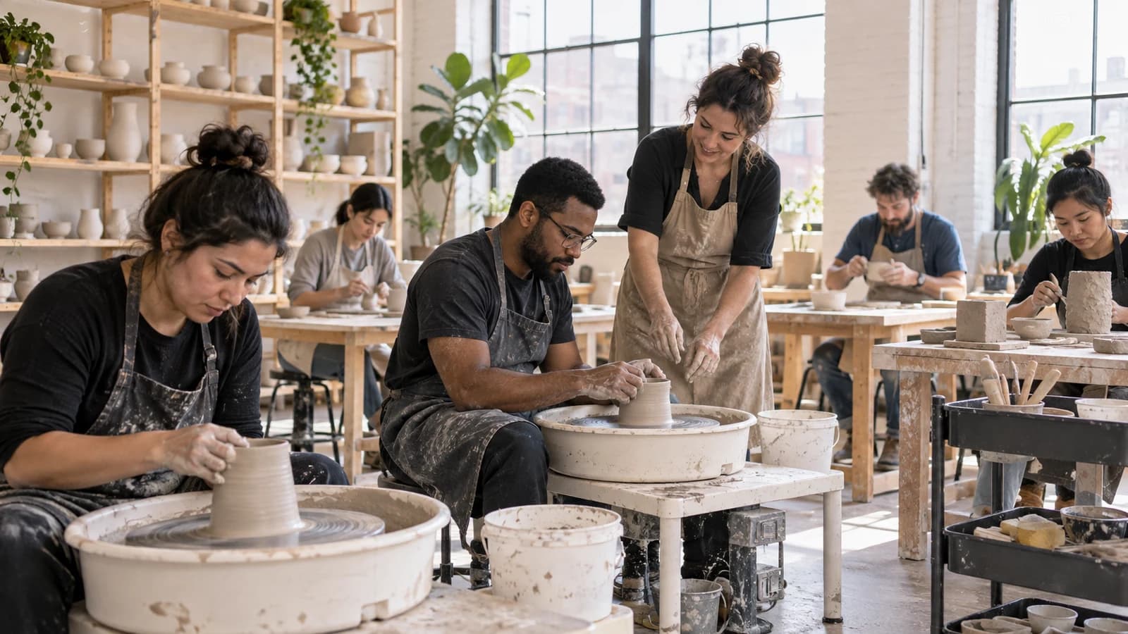 Original editorial scene of beginners learning wheel throwing and hand-building in a modern Brooklyn ceramics studio