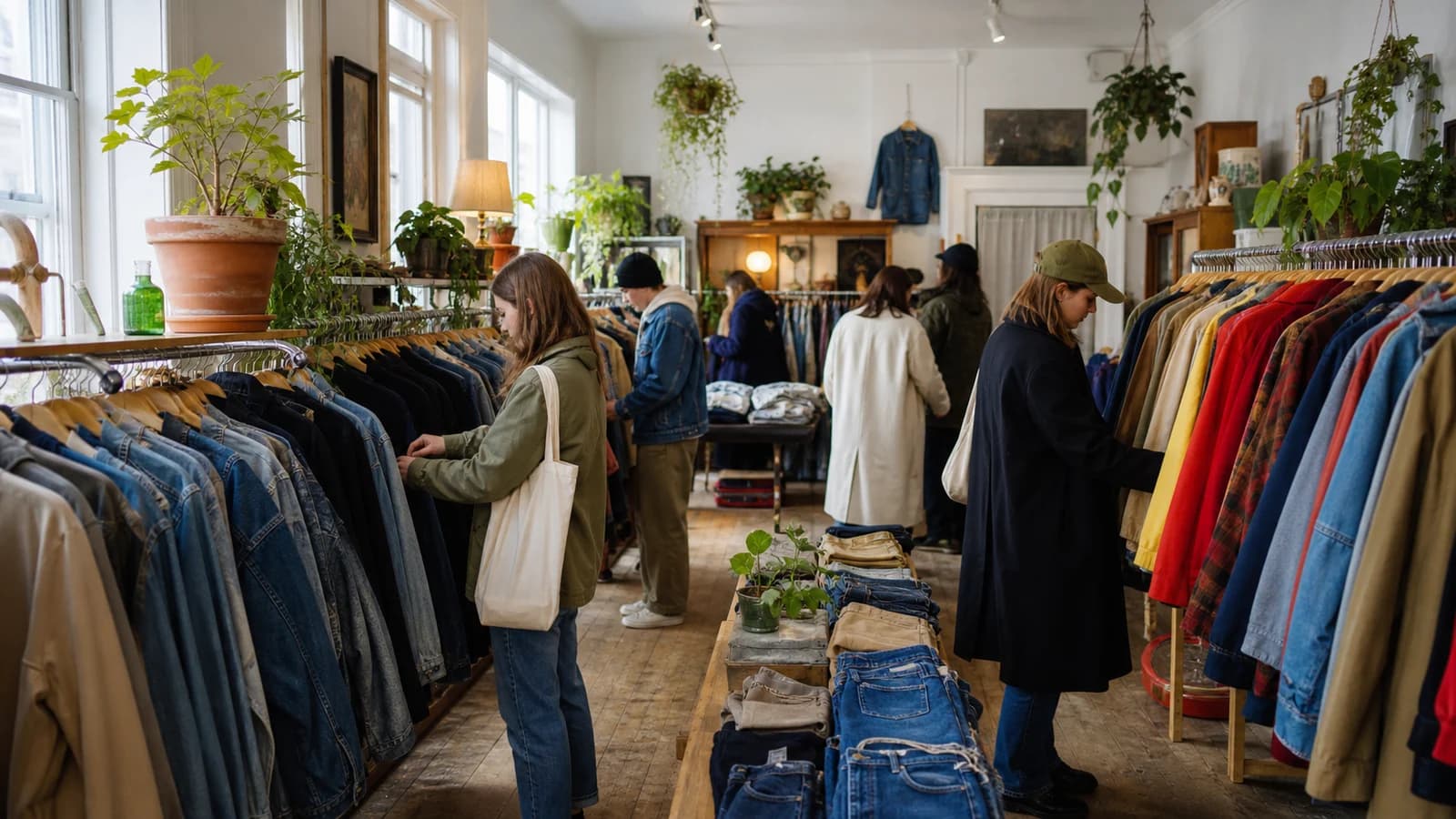 Shoppers browsing colorful denim and outerwear racks in a sunlit Greenpoint secondhand store