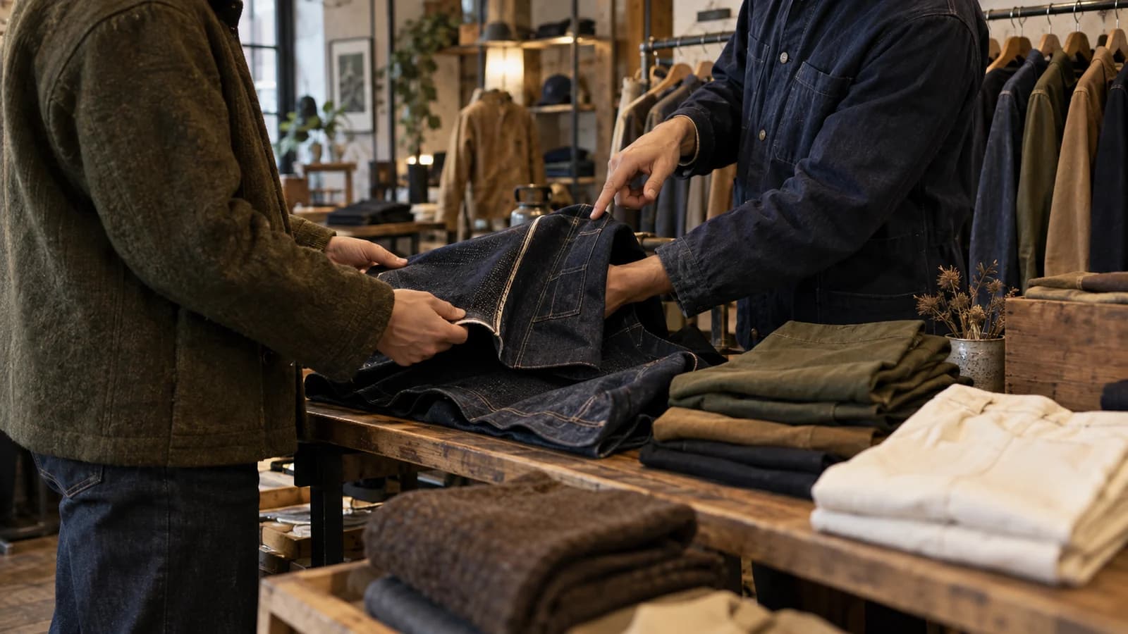 Original editorial scene of a shopper examining fabric and construction in a warm utility clothing boutique