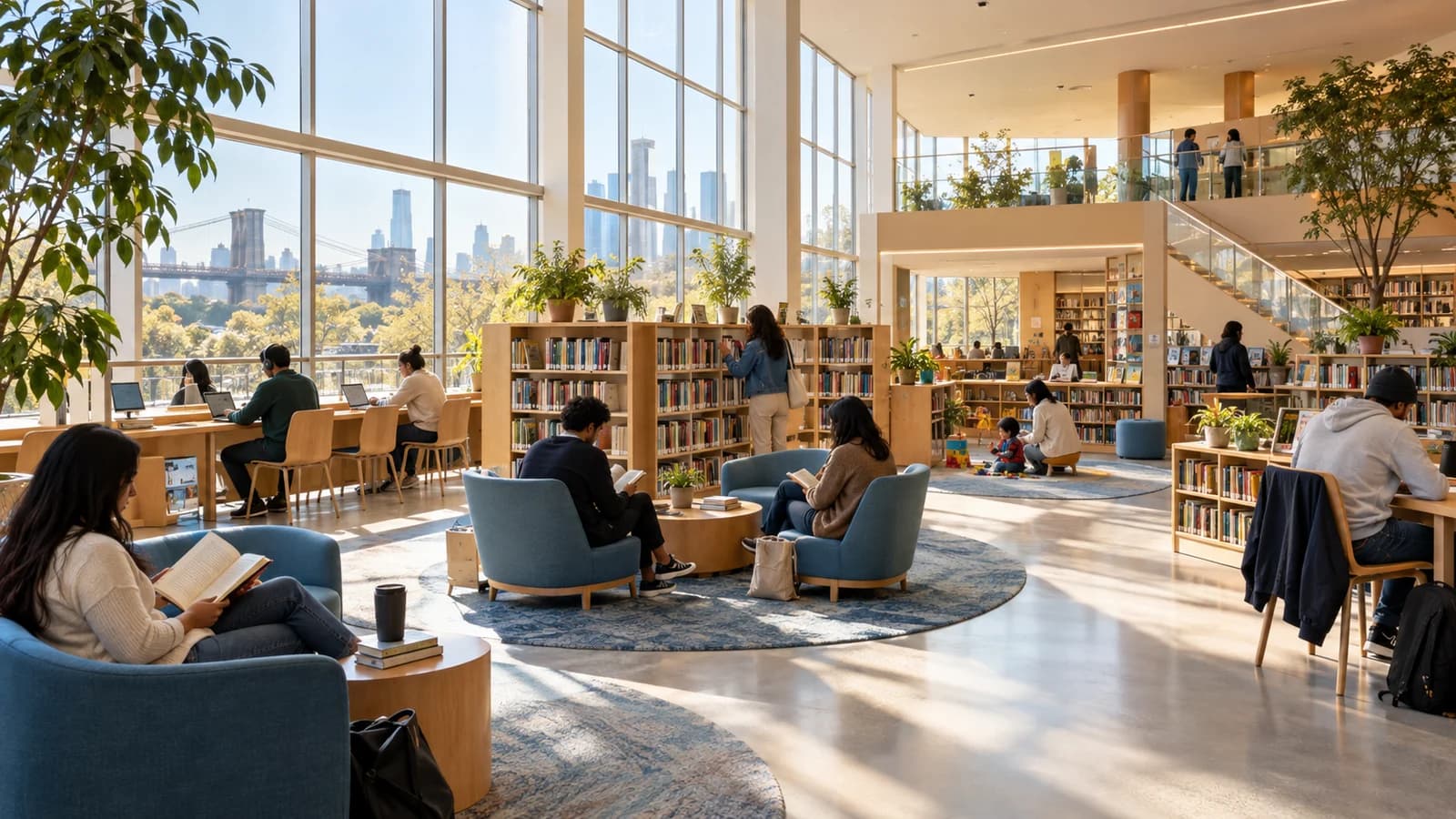 Original editorial scene of readers, workers and families using distinct areas in a bright modern Brooklyn library