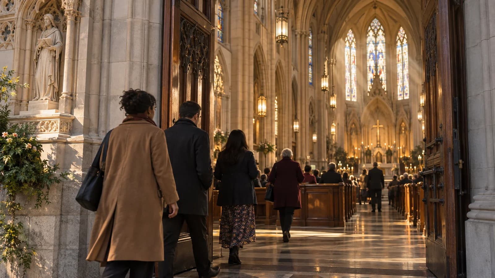 Original editorial scene of congregants and a guest entering a historic Brooklyn cathedral for worship