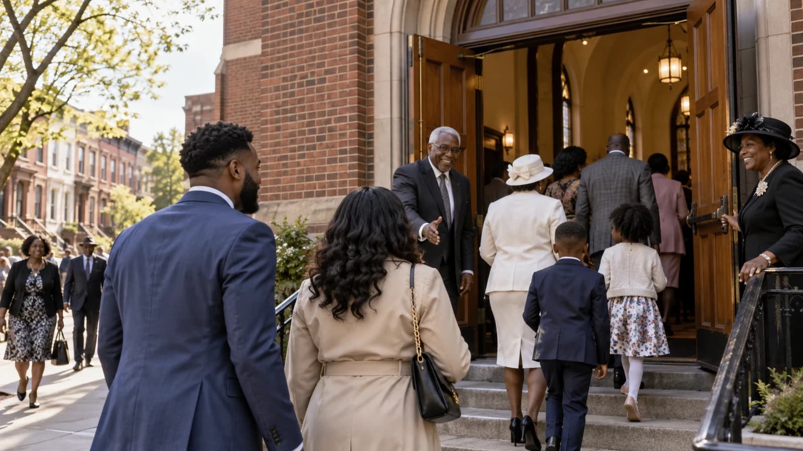 Original editorial scene of a first-time guest arriving respectfully with congregants at a Brooklyn Baptist church