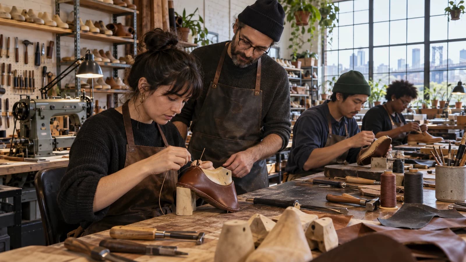 Original editorial image of adult students handcrafting leather shoes in an East Williamsburg workshop