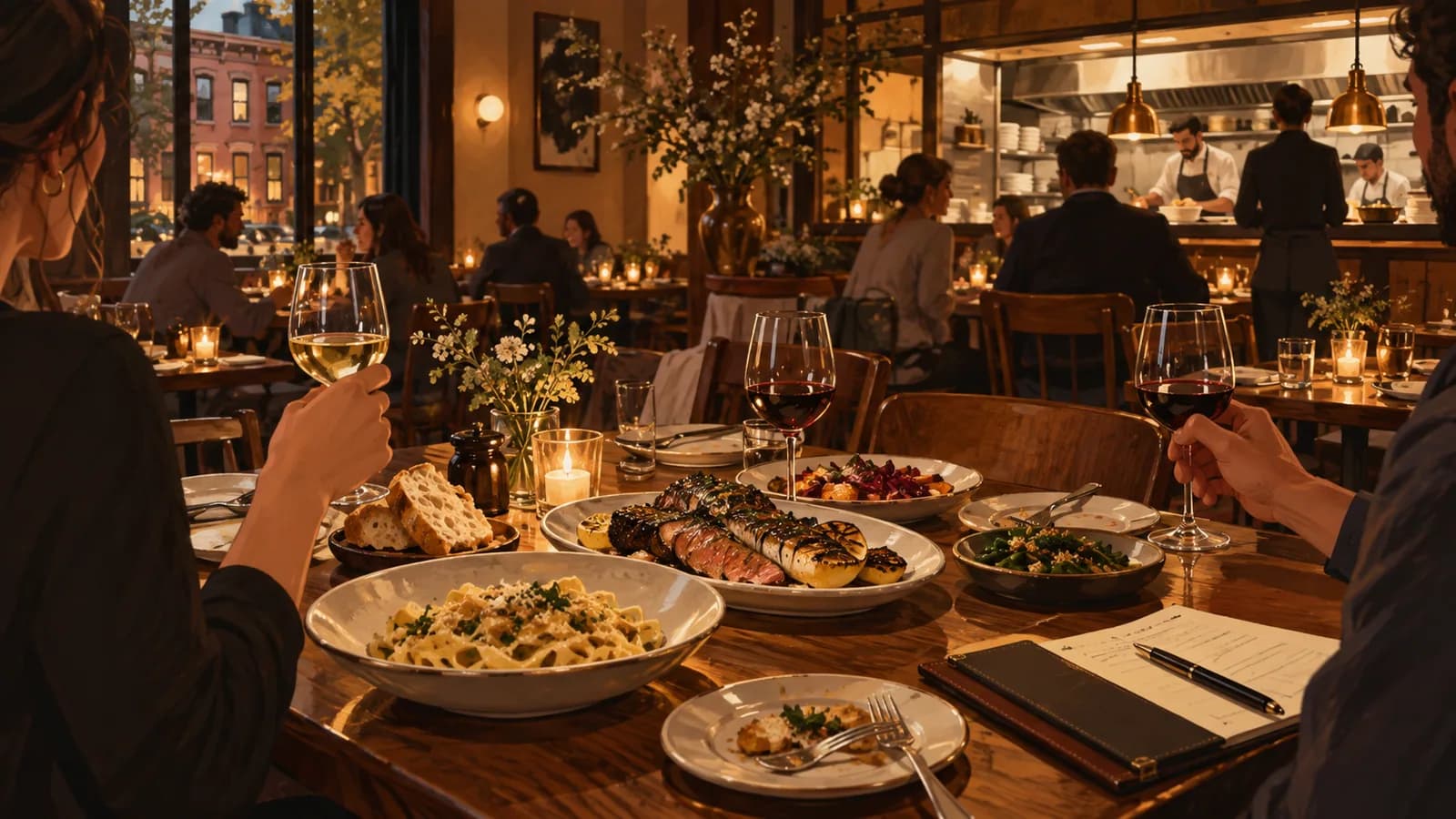 An illustrated candlelit Brooklyn Heights restaurant table with shared seasonal dishes, wine and an open kitchen.