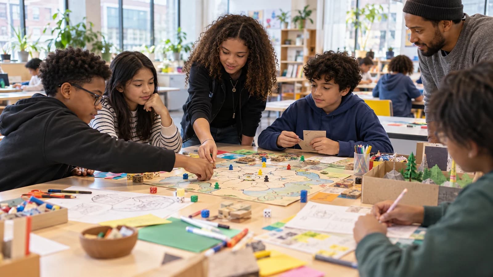Original editorial scene of young people collaboratively designing and testing a tabletop game in a bright learning studio