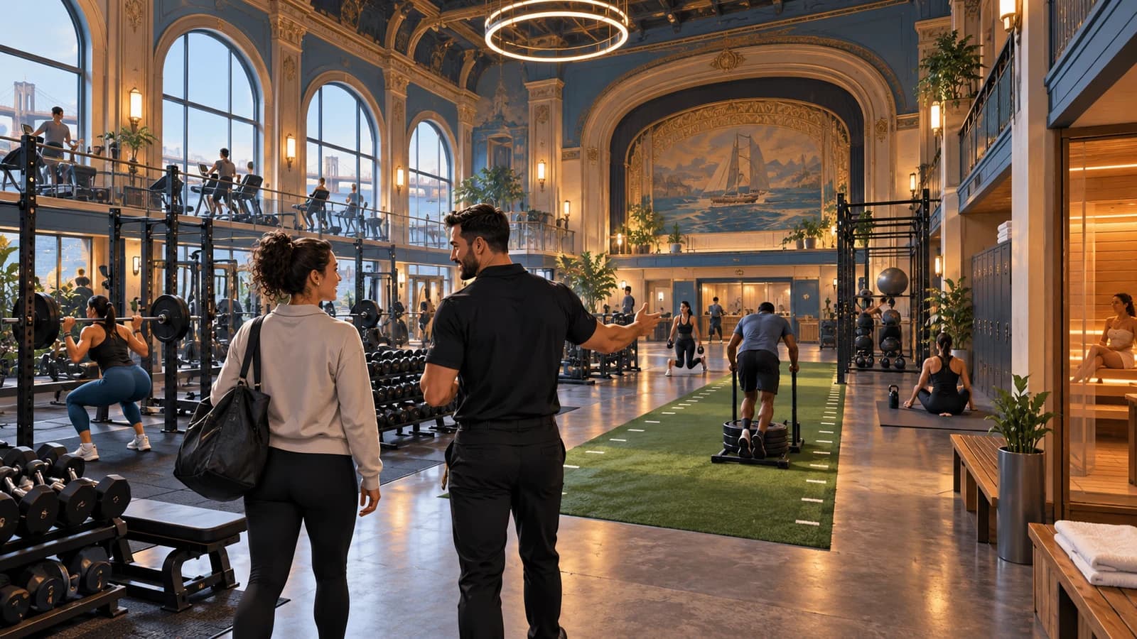 Illustration of a prospective member touring a large Bay Ridge gym with weights, turf and restored-theater details.