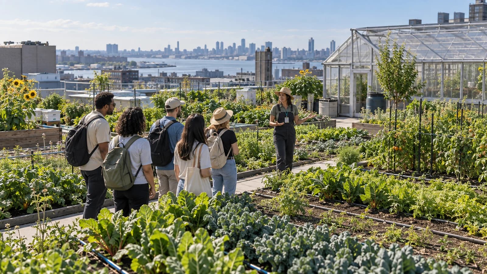 Original editorial scene of a small guided group following paths through a working Brooklyn rooftop farm