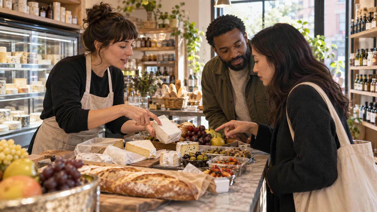 Original editorial scene of a cheesemonger helping customers assemble picnic provisions at a Brooklyn specialty food shop