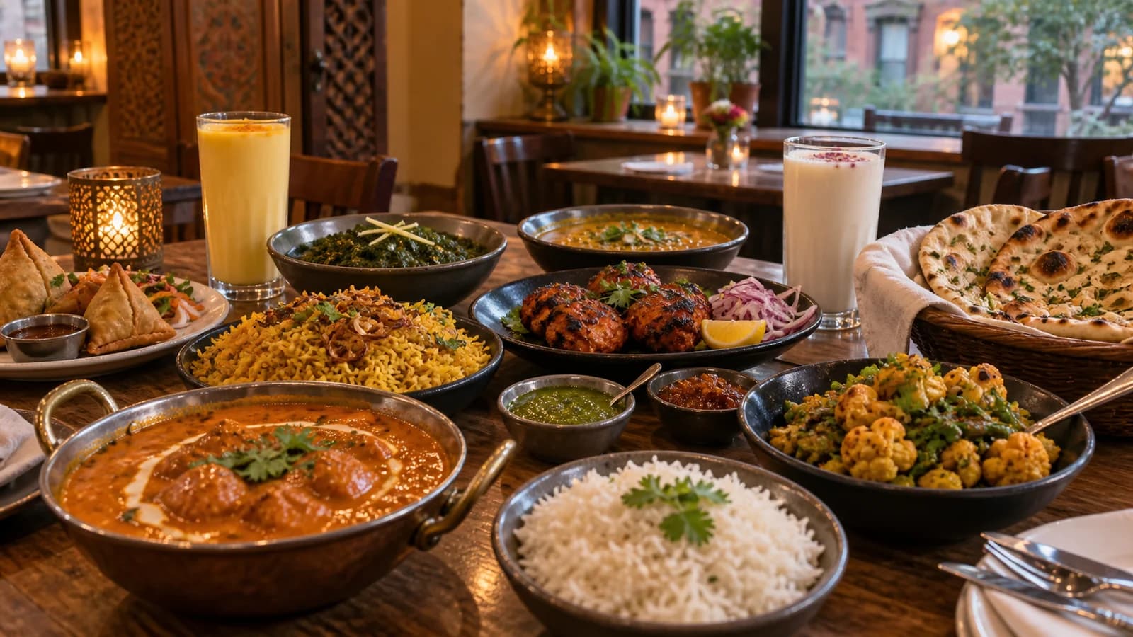 A shared Indian restaurant table with chaat, dosa, tandoor dishes, vegetables, rice, breads and lassi